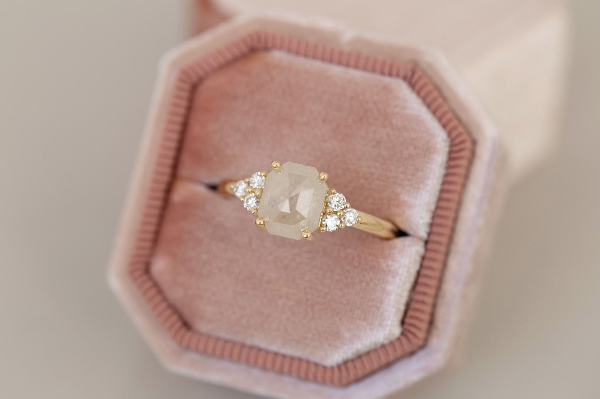 Verona Ring | Icy Emerald Rose Cut Diamond + Round Diamond Accents Engagement Ring 1.84 ct | 14k Recycled Gold | One of a Kind