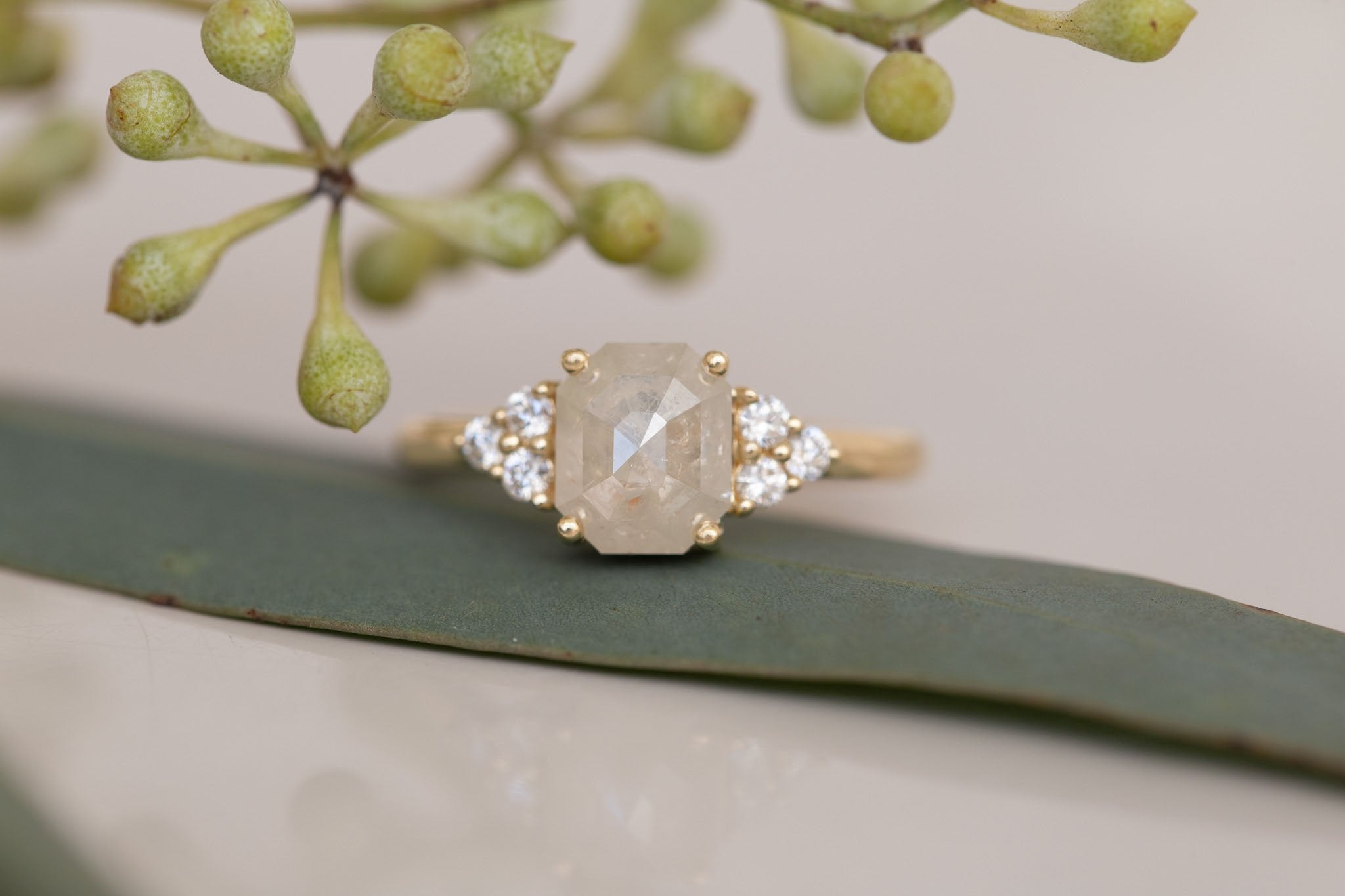 Verona Ring | Icy Emerald Rose Cut Diamond + Round Diamond Accents Engagement Ring 1.84 ct | 14k Recycled Gold | One of a Kind