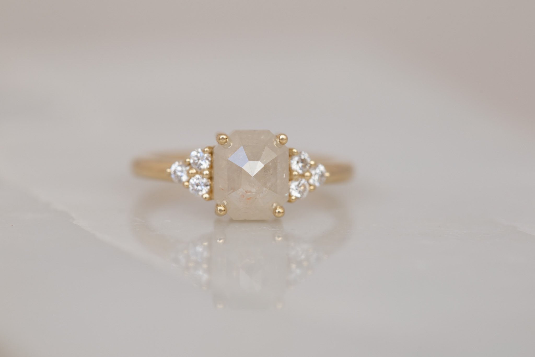 Verona Ring | Icy Emerald Rose Cut Diamond + Round Diamond Accents Engagement Ring 1.84 ct | 14k Recycled Gold | One of a Kind