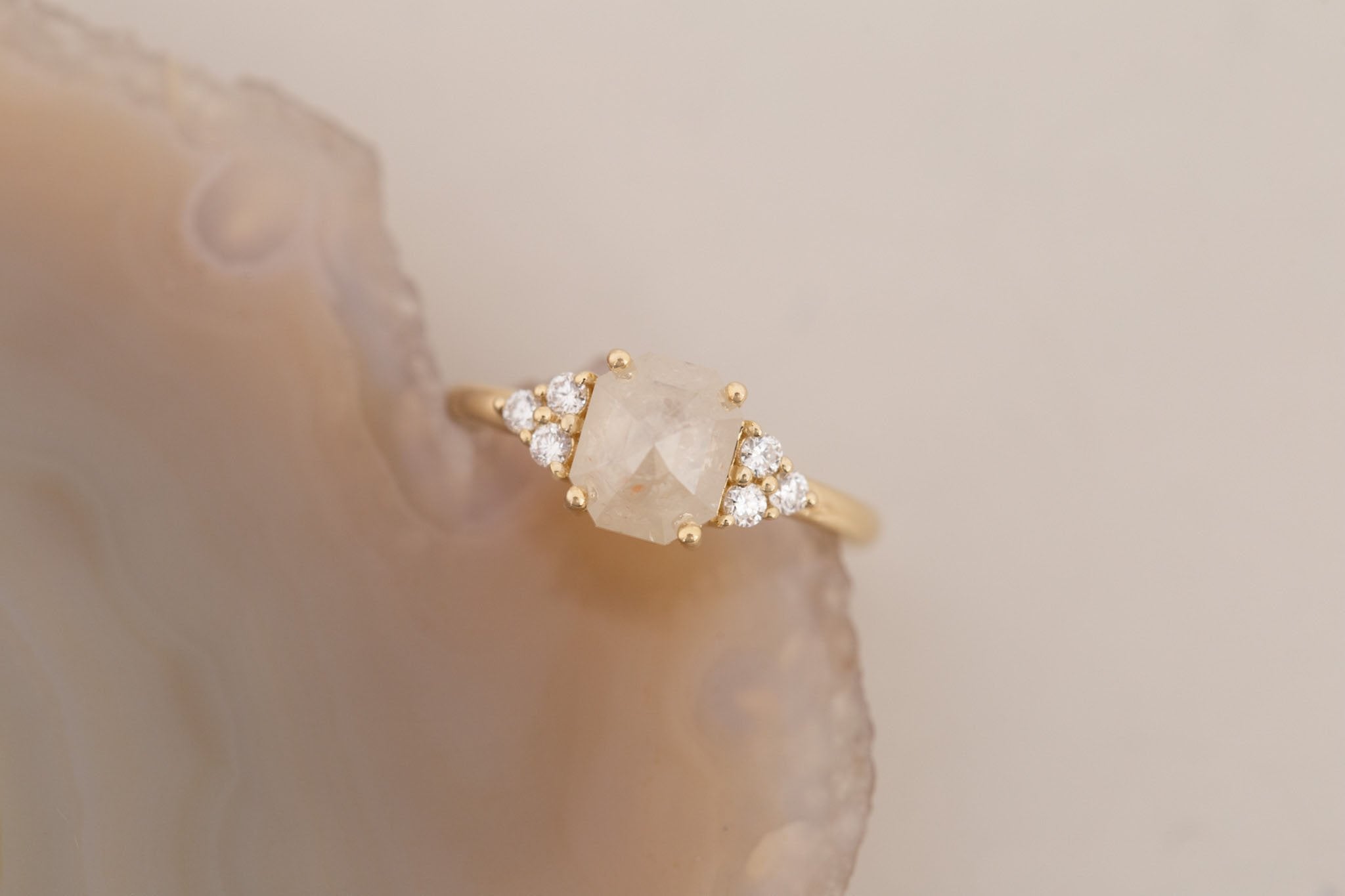 Verona Ring | Icy Emerald Rose Cut Diamond + Round Diamond Accents Engagement Ring 1.84 ct | 14k Recycled Gold | One of a Kind