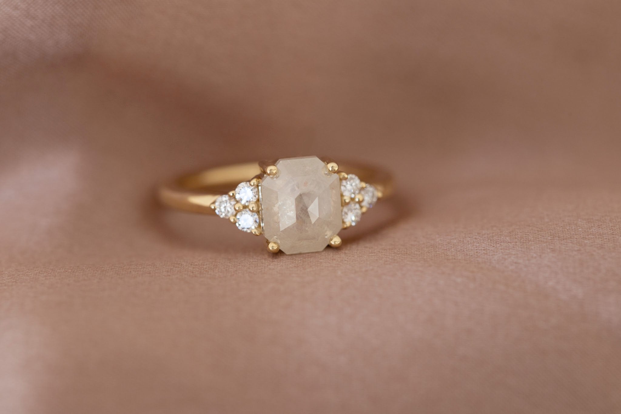 Verona Ring | Icy Emerald Rose Cut Diamond + Round Diamond Accents Engagement Ring 1.84 ct | 14k Recycled Gold | One of a Kind