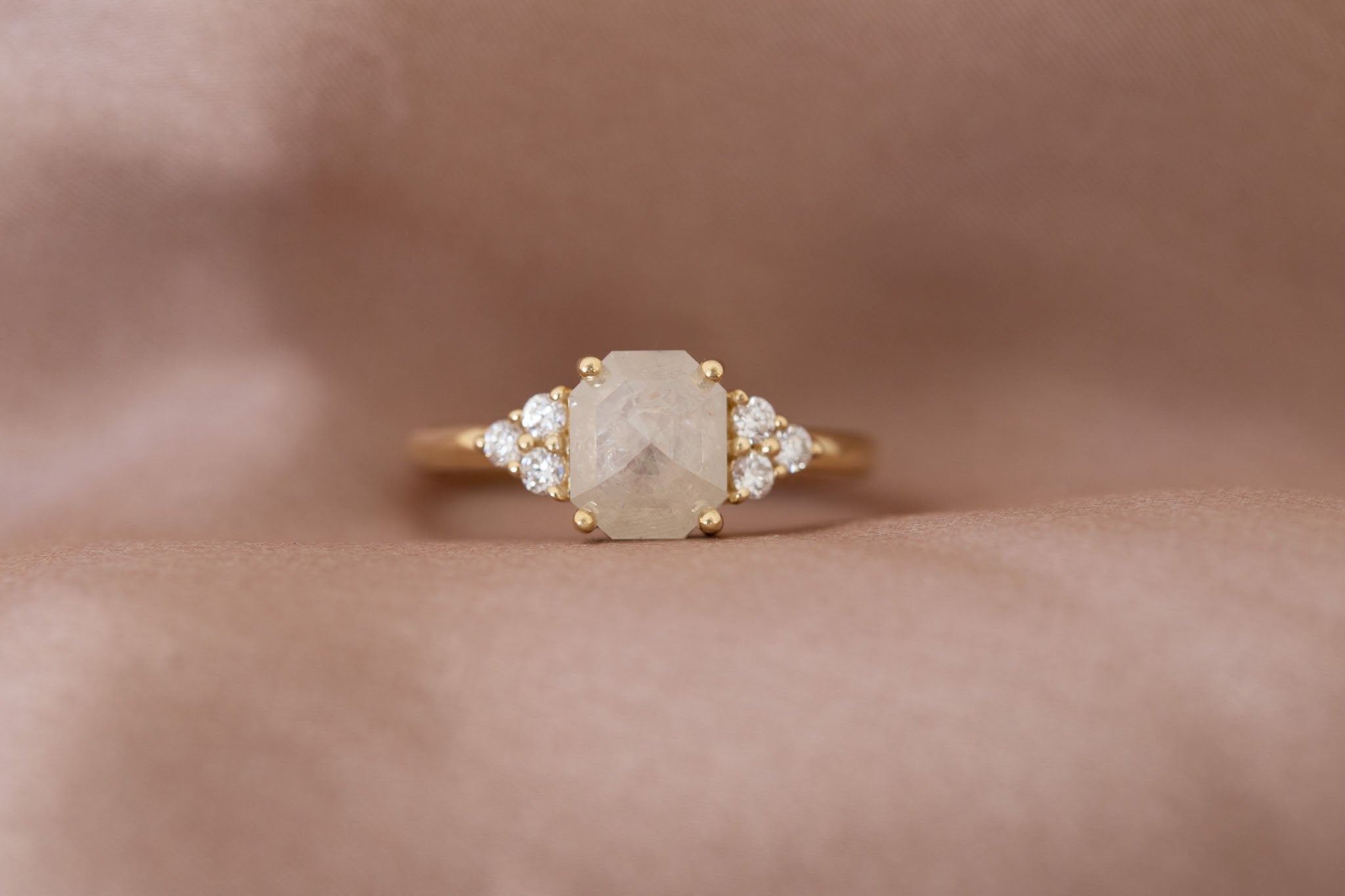 Verona Ring | Icy Emerald Rose Cut Diamond + Round Diamond Accents Engagement Ring 1.84 ct | 14k Recycled Gold | One of a Kind