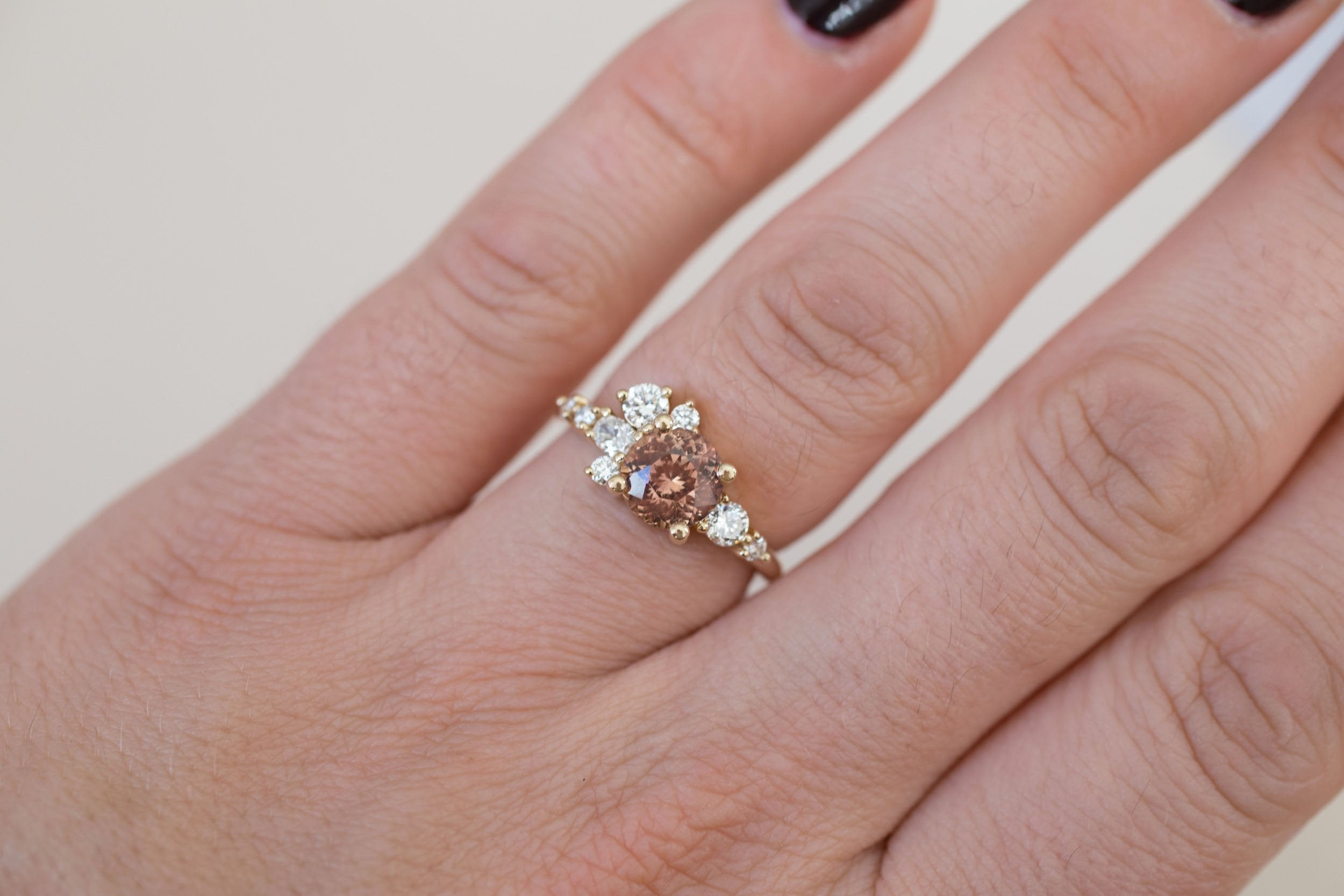 Ilia Ring | Round Ochre Brown Sapphire + Diamond Cluster Engagement Ring 1.84 ct | 14k Recycled Gold | One of a Kind