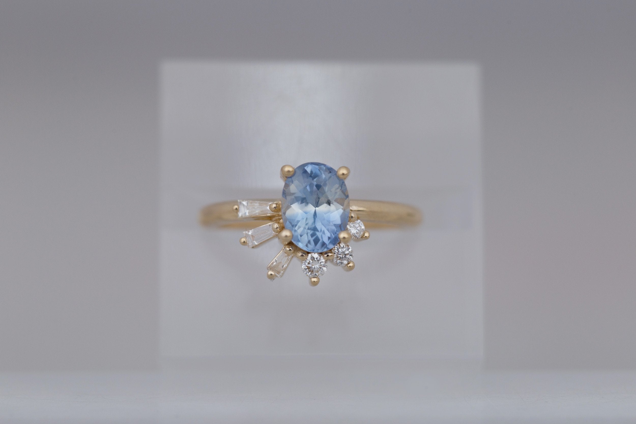 Sol Ring | Bicolor Oval Sapphire + Baguette and Round Diamond Cluster Engagement Ring 1.85 ct | 14k Recycled Gold | One of a Kind