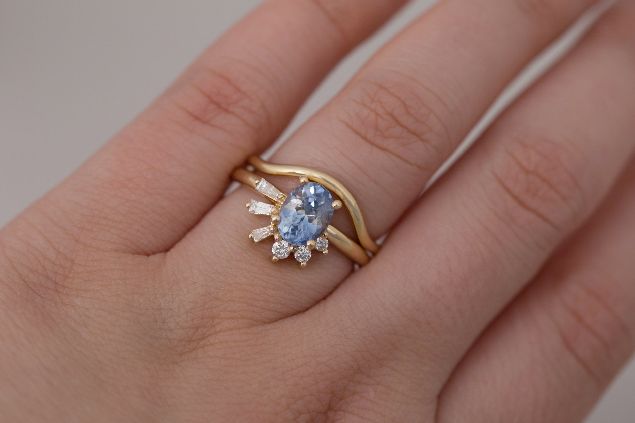 Sol Ring | Bicolor Oval Sapphire + Baguette and Round Diamond Cluster Engagement Ring 1.85 ct | 14k Recycled Gold | One of a Kind