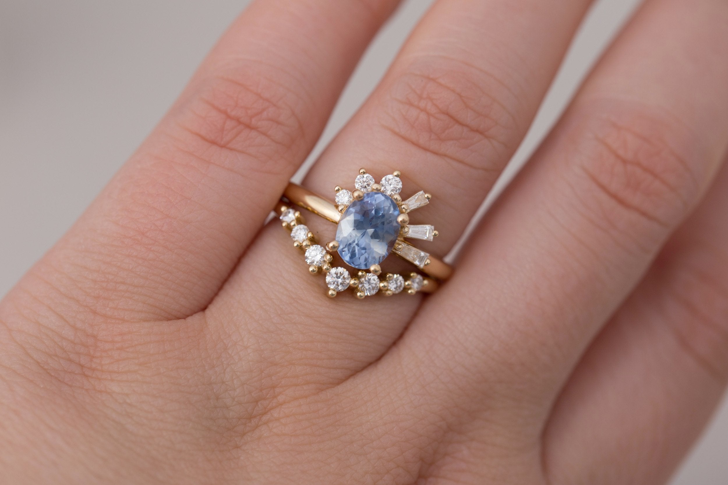 Sol Ring | Bicolor Oval Sapphire + Baguette and Round Diamond Cluster Engagement Ring 1.85 ct | 14k Recycled Gold | One of a Kind