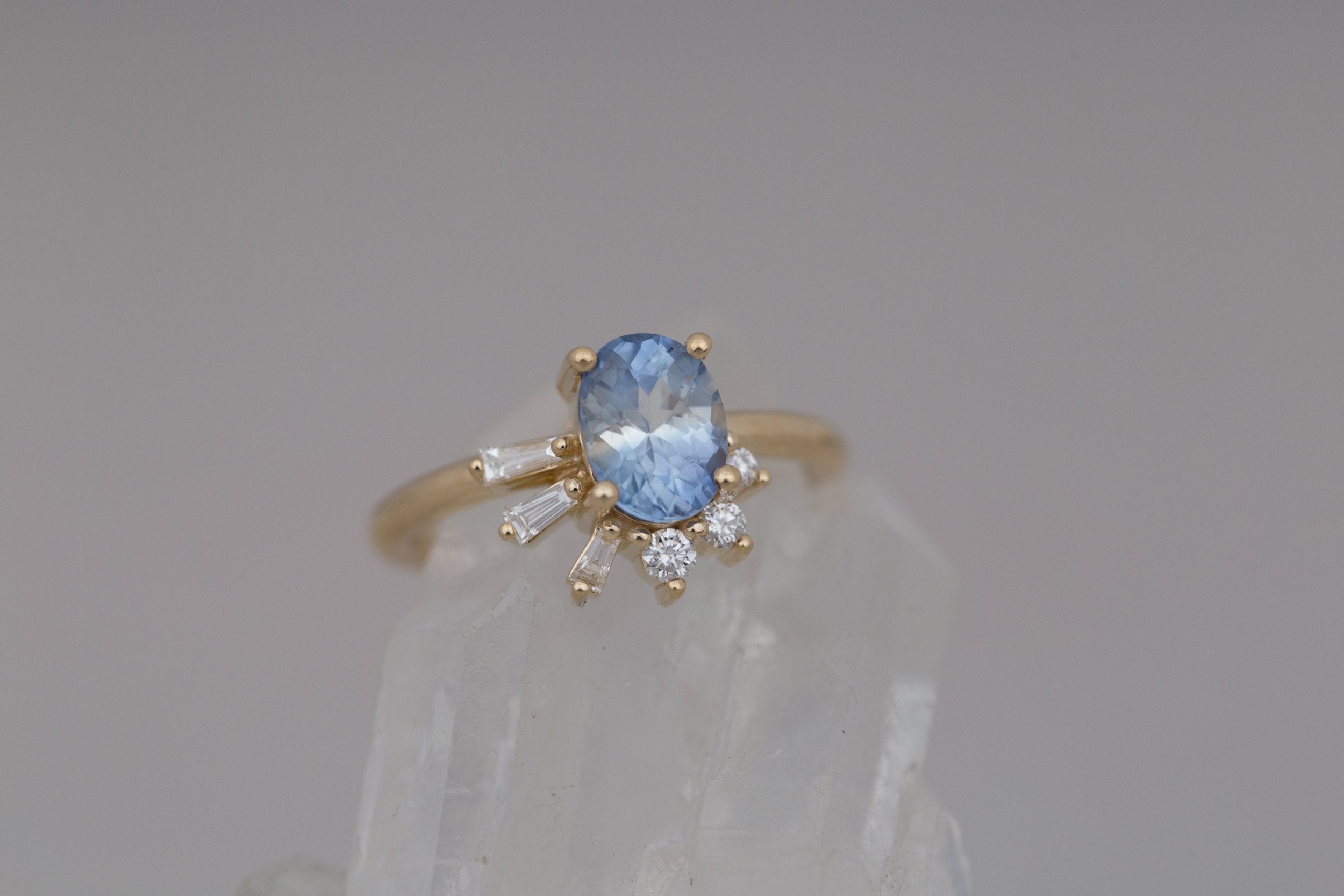 Sol Ring | Bicolor Oval Sapphire + Baguette and Round Diamond Cluster Engagement Ring 1.85 ct | 14k Recycled Gold | One of a Kind
