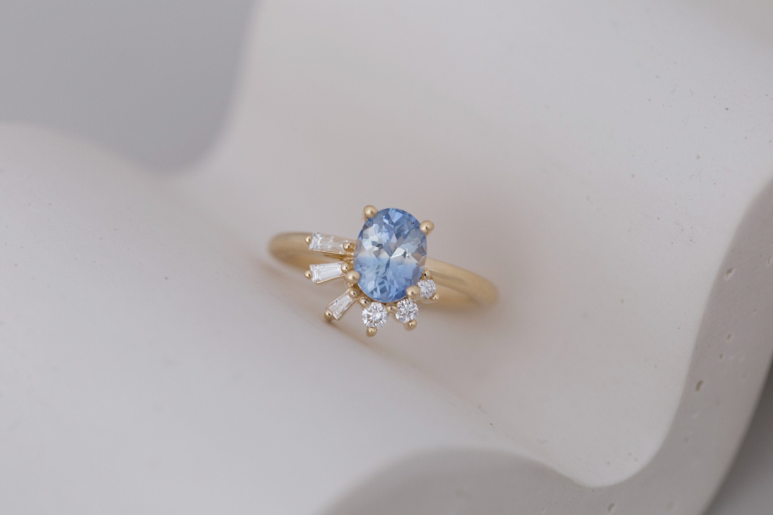 Sol Ring | Bicolor Oval Sapphire + Baguette and Round Diamond Cluster Engagement Ring 1.85 ct | 14k Recycled Gold | One of a Kind