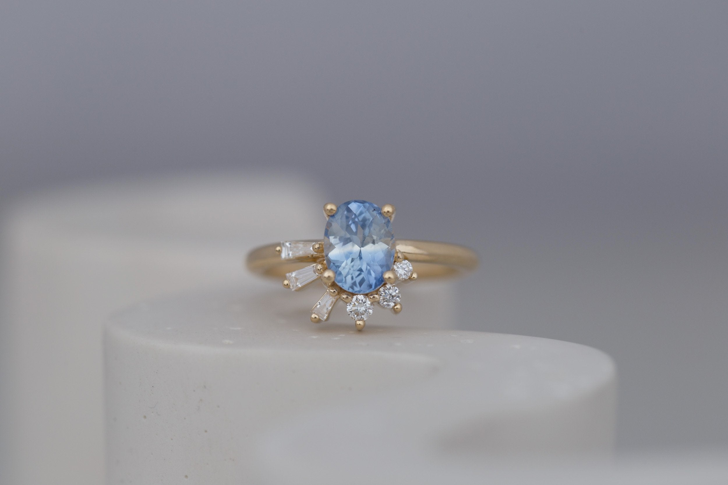 Sol Ring | Bicolor Oval Sapphire + Baguette and Round Diamond Cluster Engagement Ring 1.85 ct | 14k Recycled Gold | One of a Kind