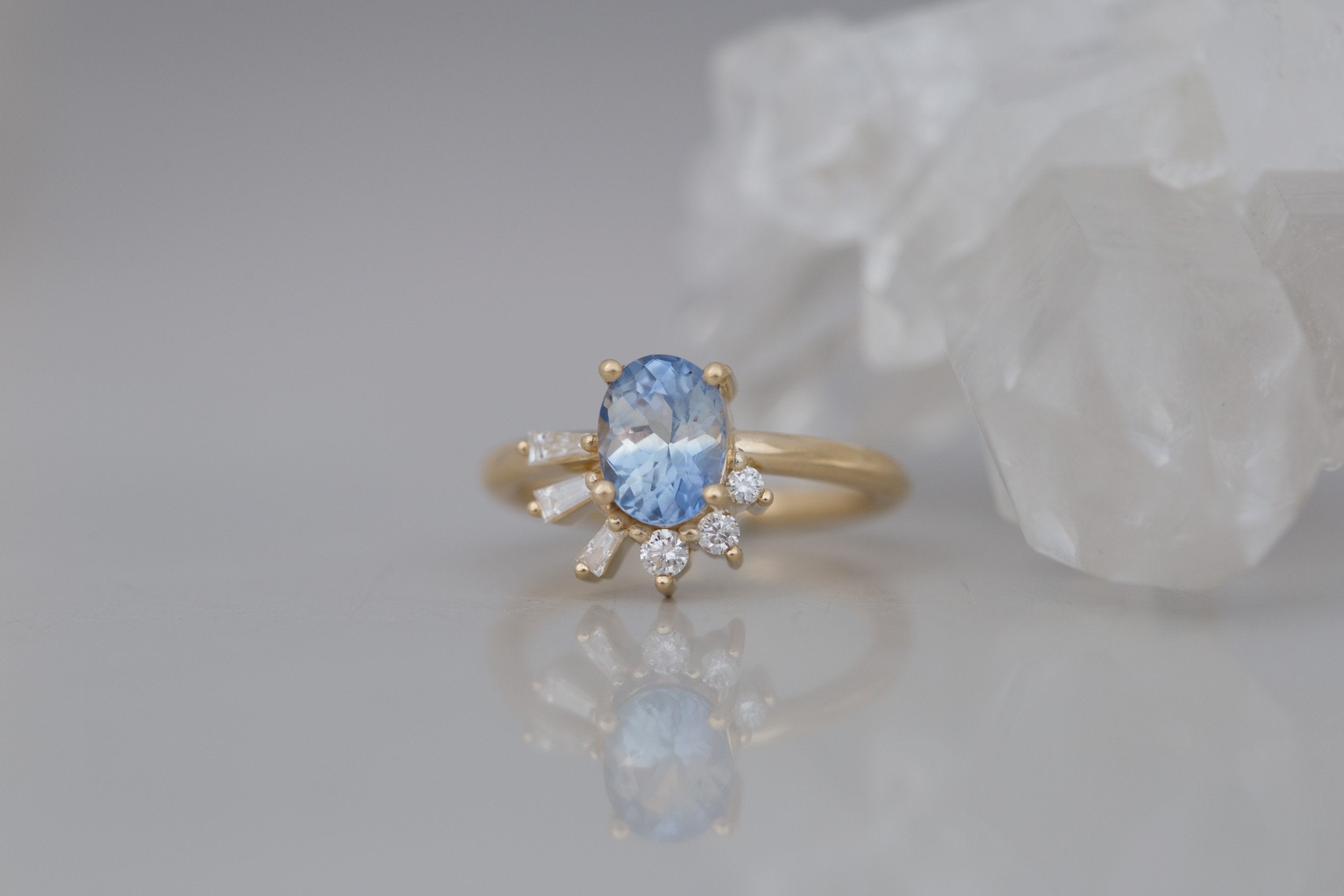 Sol Ring | Bicolor Oval Sapphire + Baguette and Round Diamond Cluster Engagement Ring 1.85 ct | 14k Recycled Gold | One of a Kind