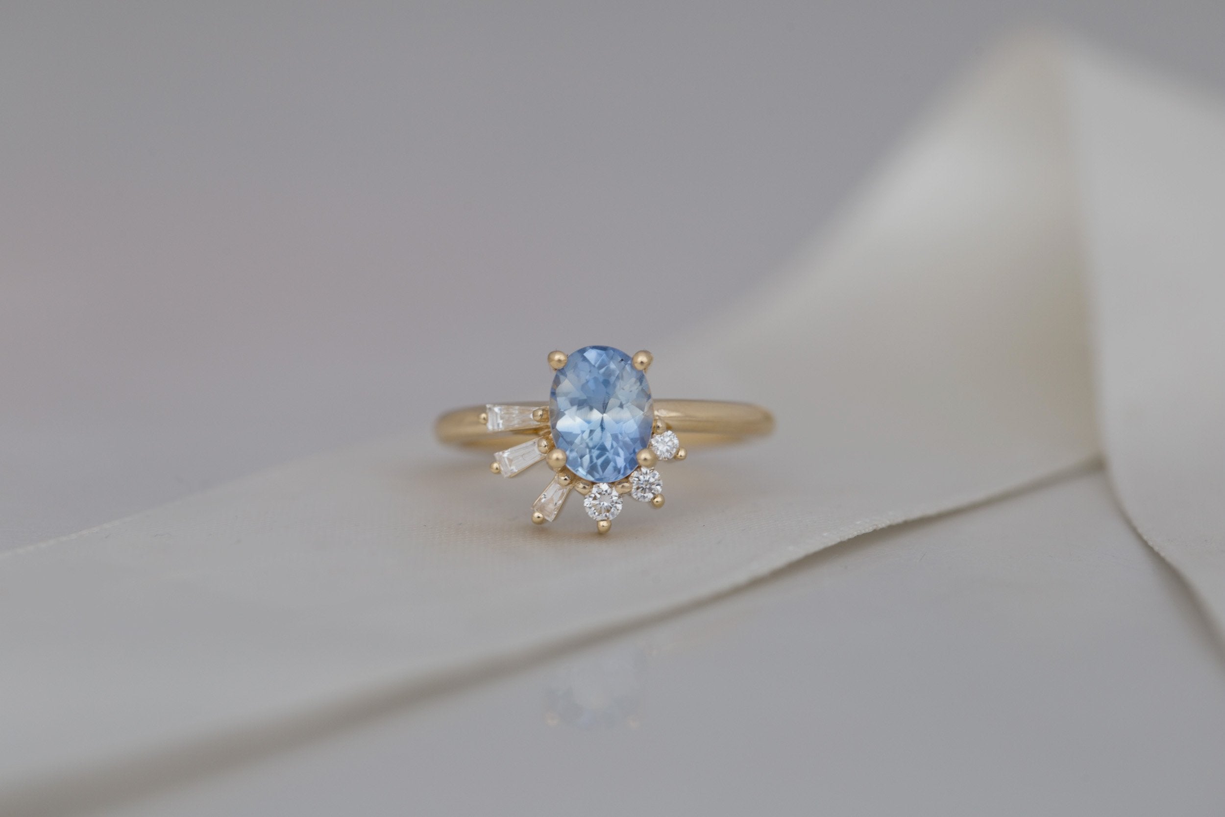Sol Ring | Bicolor Oval Sapphire + Baguette and Round Diamond Cluster Engagement Ring 1.85 ct | 14k Recycled Gold | One of a Kind