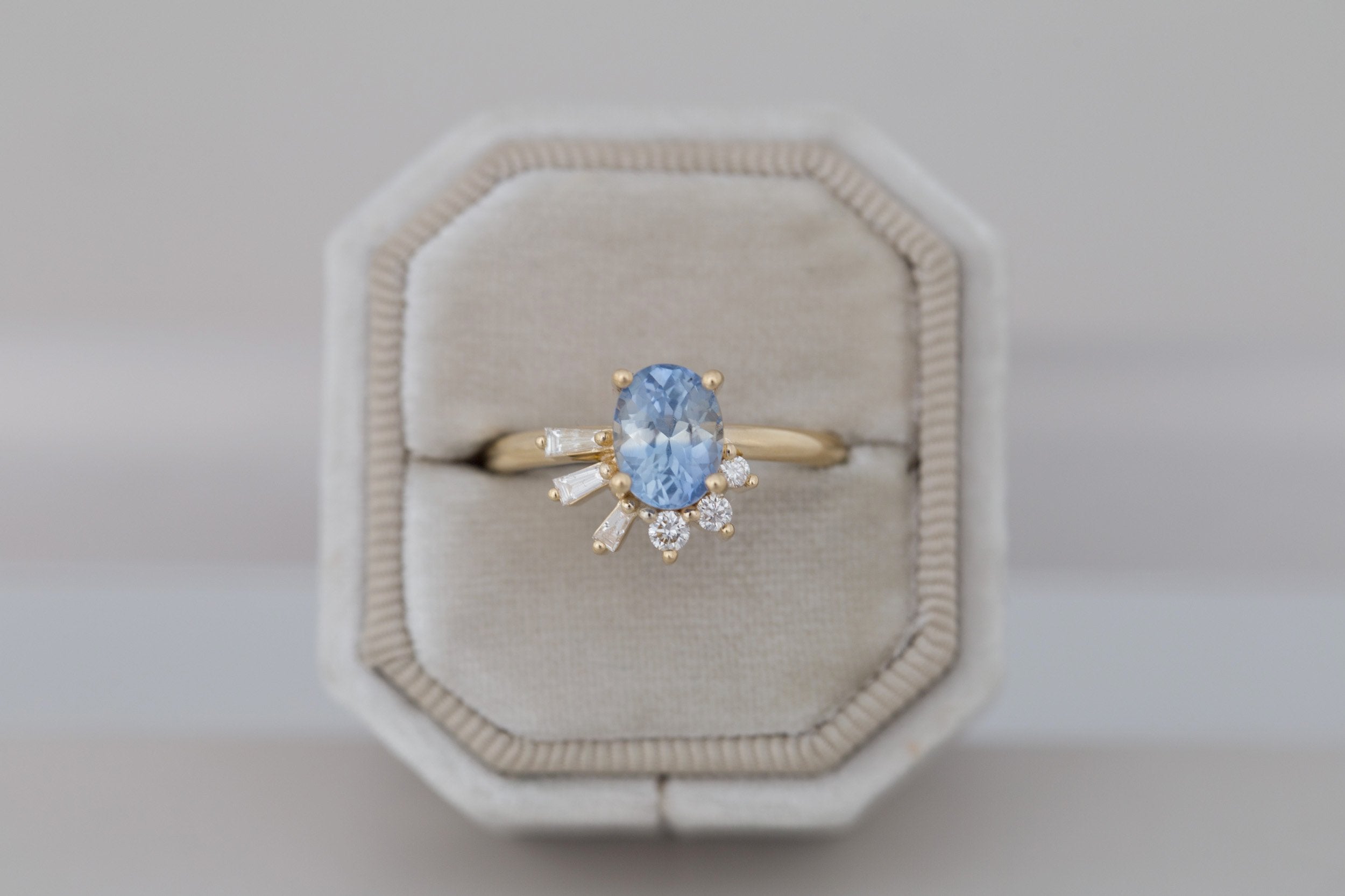 Sol Ring | Bicolor Oval Sapphire + Baguette and Round Diamond Cluster Engagement Ring 1.85 ct | 14k Recycled Gold | One of a Kind