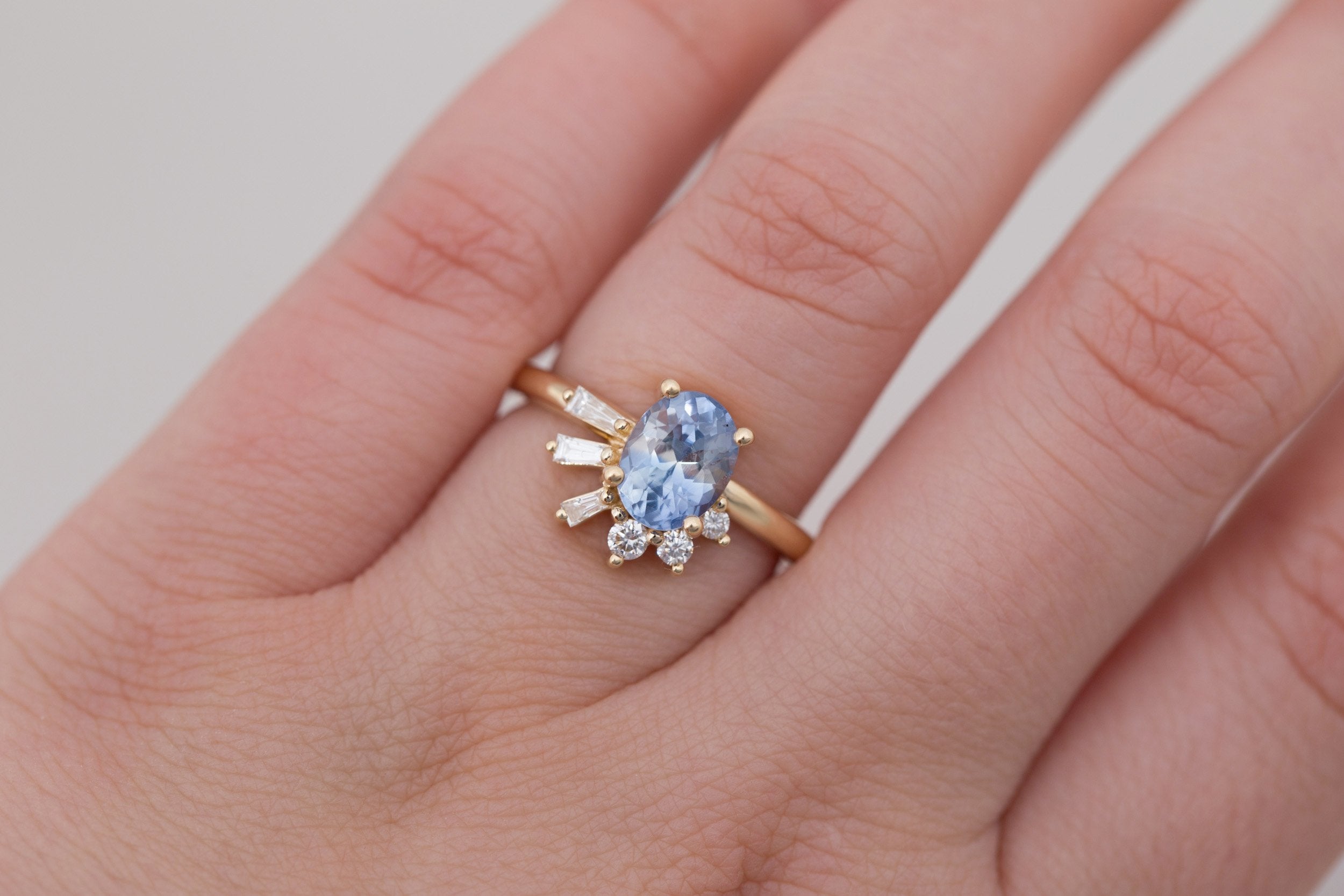 Sol Ring | Bicolor Oval Sapphire + Baguette and Round Diamond Cluster Engagement Ring 1.85 ct | 14k Recycled Gold | One of a Kind