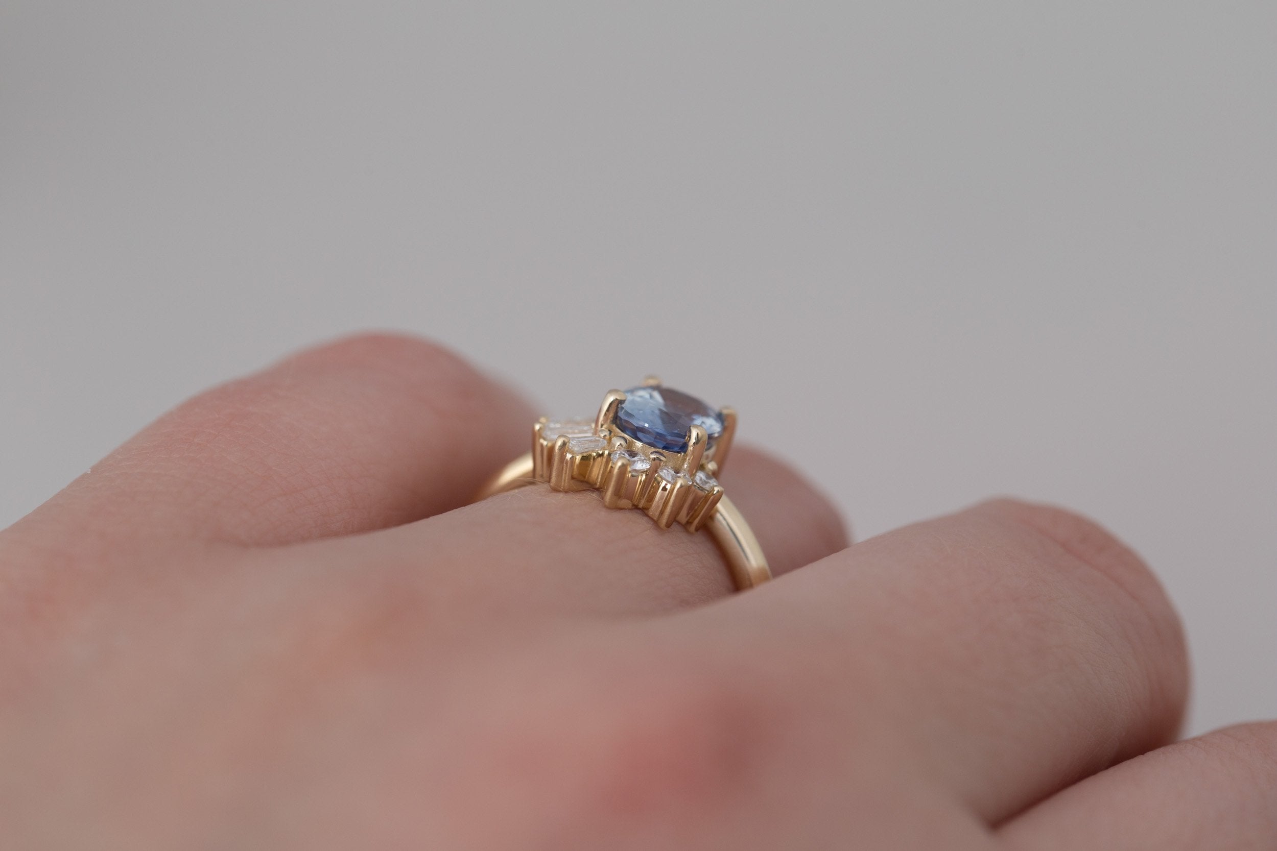 Sol Ring | Bicolor Oval Sapphire + Baguette and Round Diamond Cluster Engagement Ring 1.85 ct | 14k Recycled Gold | One of a Kind