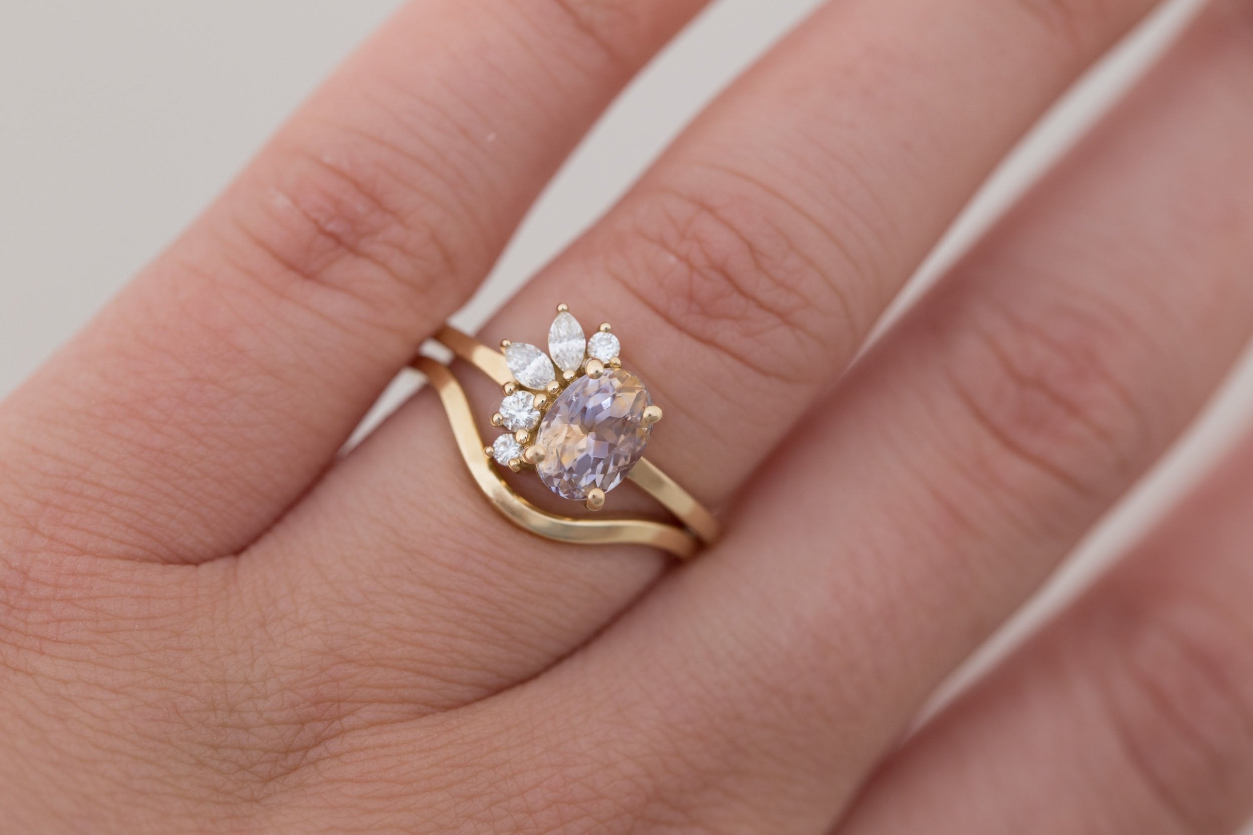 Dahlia Ring | Bicolor Oval Sapphire + Diamond Cluster Engagement Ring 1.87 ct | 14k Recycled Gold | One of a Kind