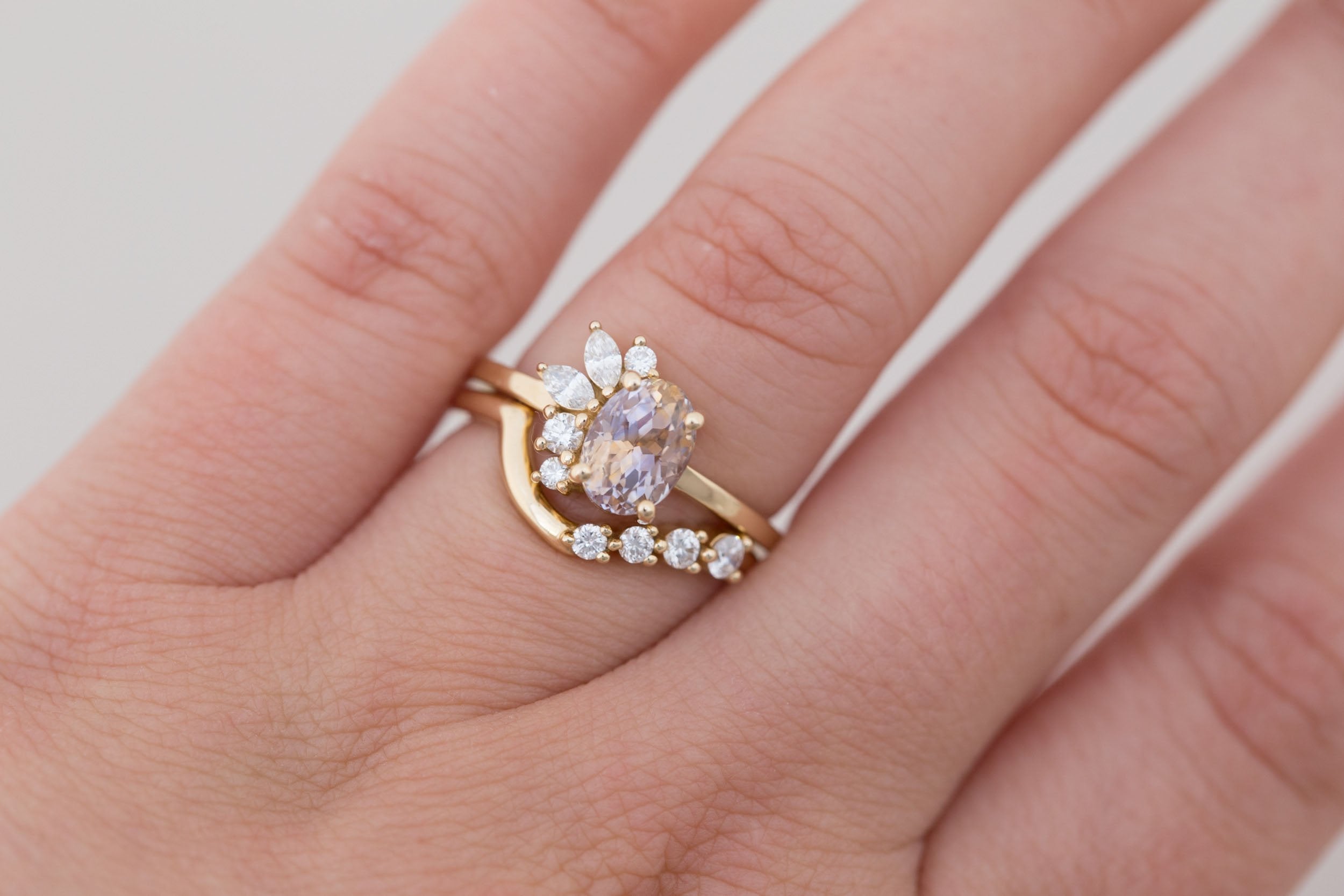 Dahlia Ring | Bicolor Oval Sapphire + Diamond Cluster Engagement Ring 1.87 ct | 14k Recycled Gold | One of a Kind