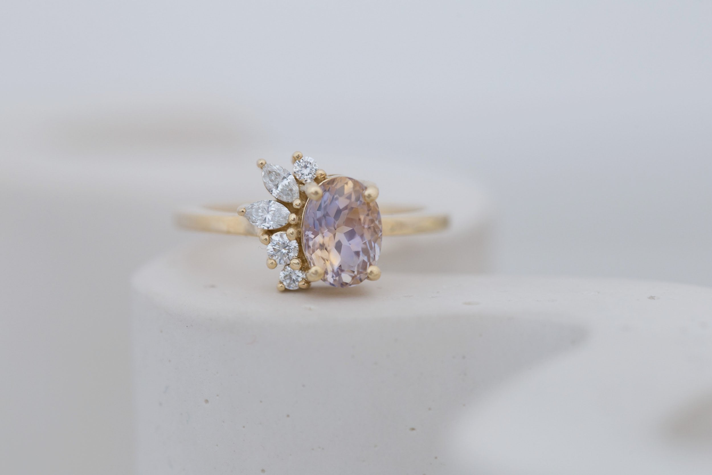 Dahlia Ring | Bicolor Oval Sapphire + Diamond Cluster Engagement Ring 1.87 ct | 14k Recycled Gold | One of a Kind