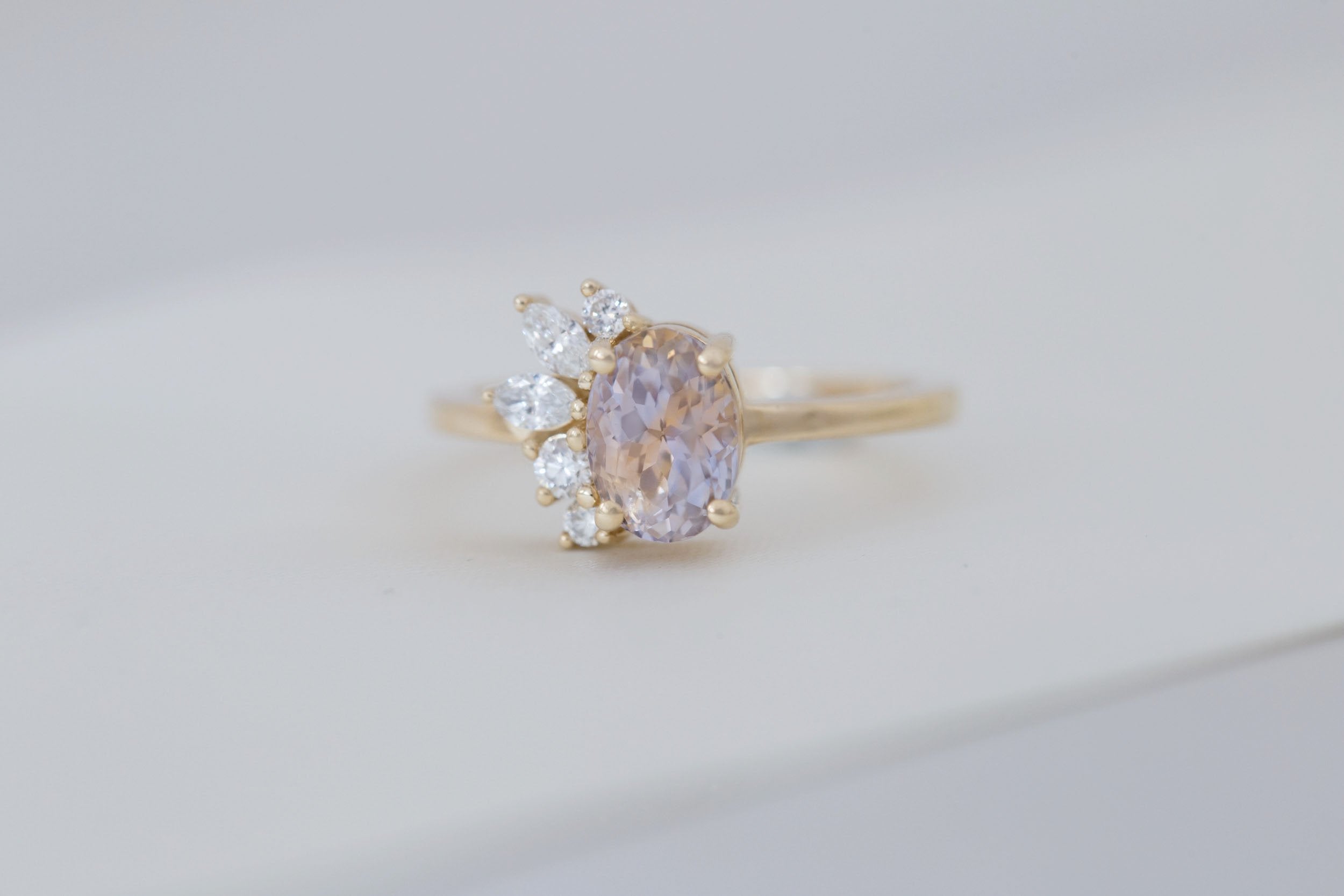 Dahlia Ring | Bicolor Oval Sapphire + Diamond Cluster Engagement Ring 1.87 ct | 14k Recycled Gold | One of a Kind