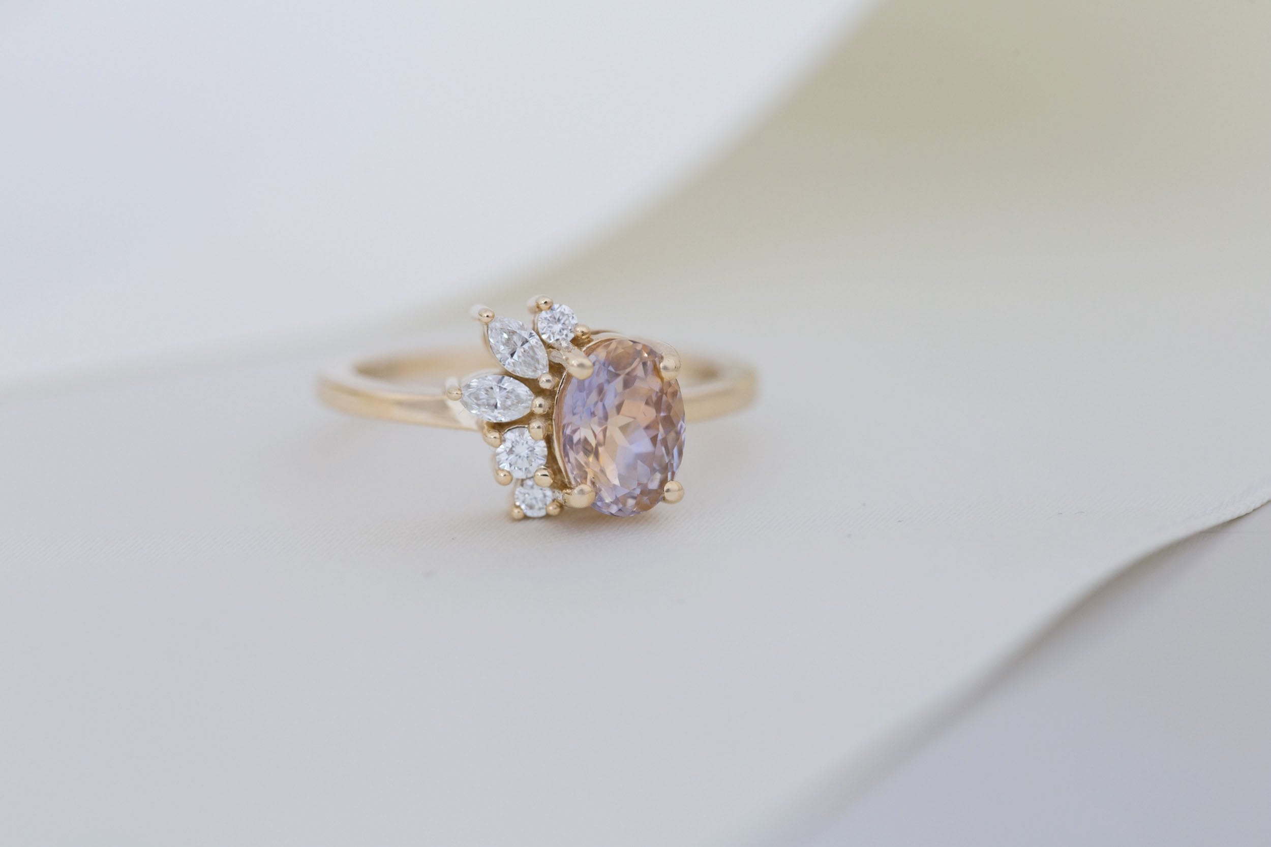 Dahlia Ring | Bicolor Oval Sapphire + Diamond Cluster Engagement Ring 1.87 ct | 14k Recycled Gold | One of a Kind