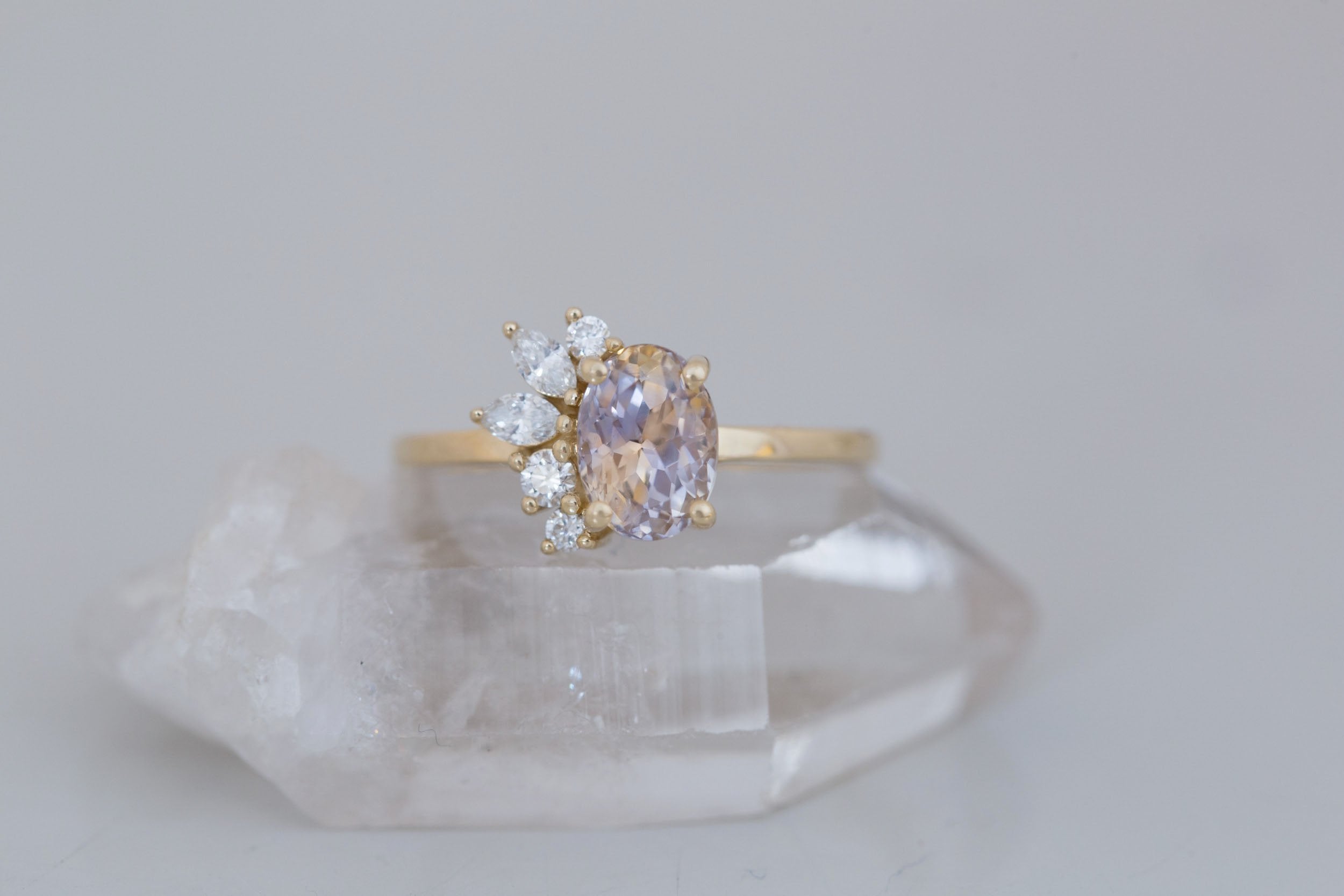 Dahlia Ring | Bicolor Oval Sapphire + Diamond Cluster Engagement Ring 1.87 ct | 14k Recycled Gold | One of a Kind