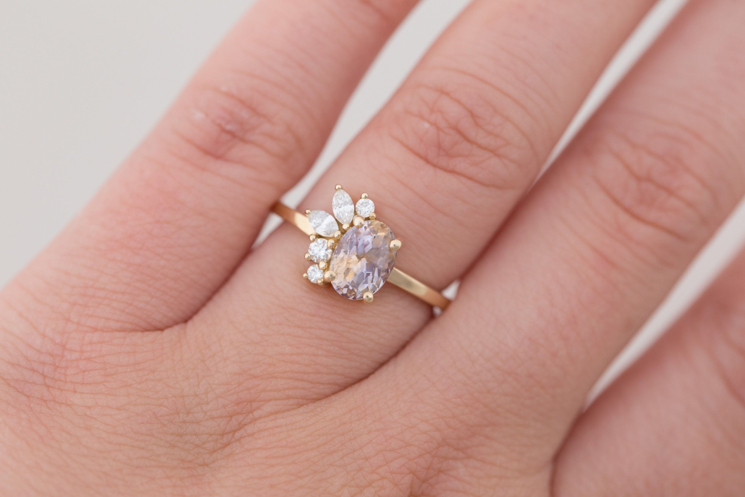 Dahlia Ring | Bicolor Oval Sapphire + Diamond Cluster Engagement Ring 1.87 ct | 14k Recycled Gold | One of a Kind