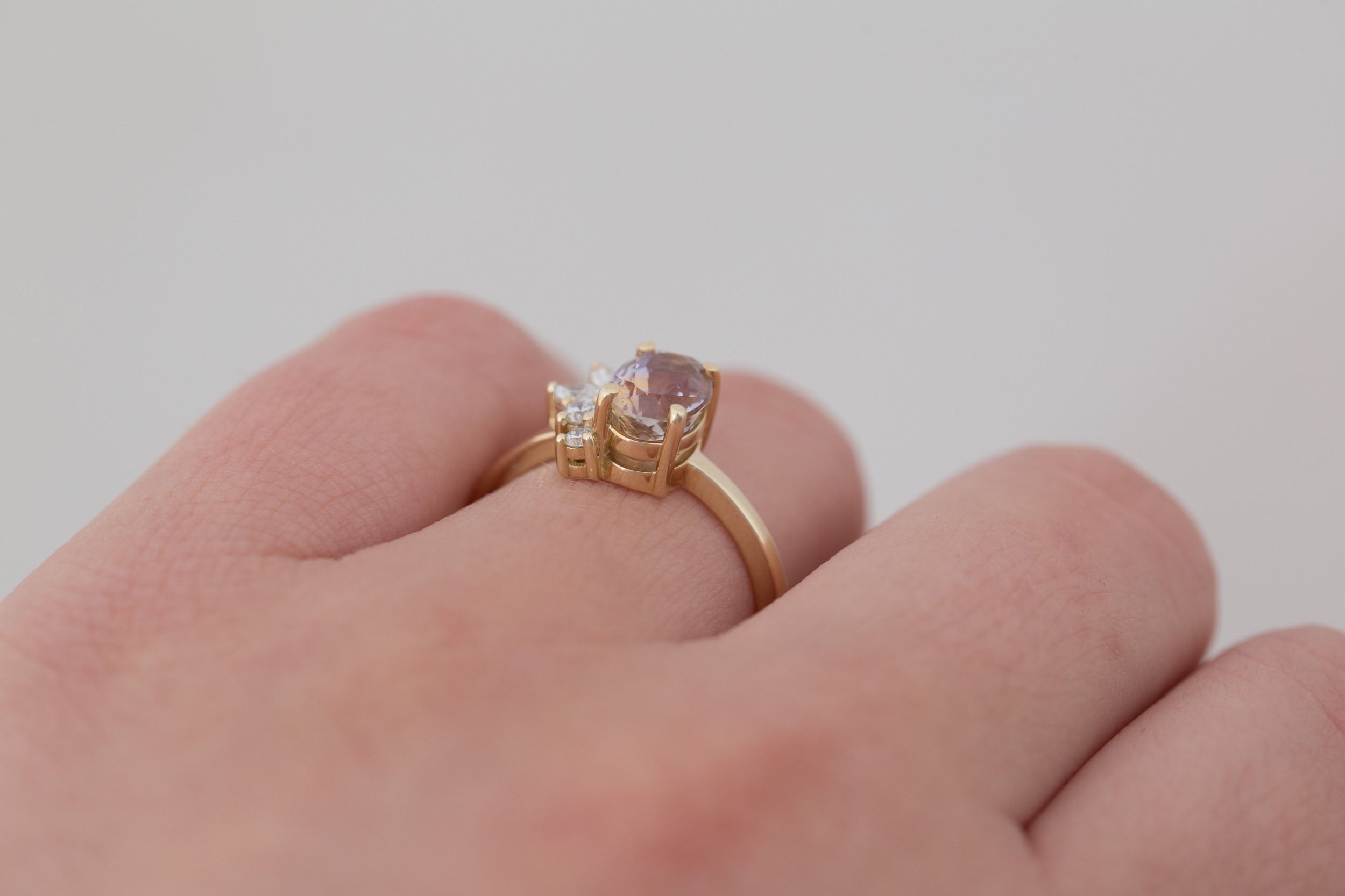 Dahlia Ring | Bicolor Oval Sapphire + Diamond Cluster Engagement Ring 1.87 ct | 14k Recycled Gold | One of a Kind