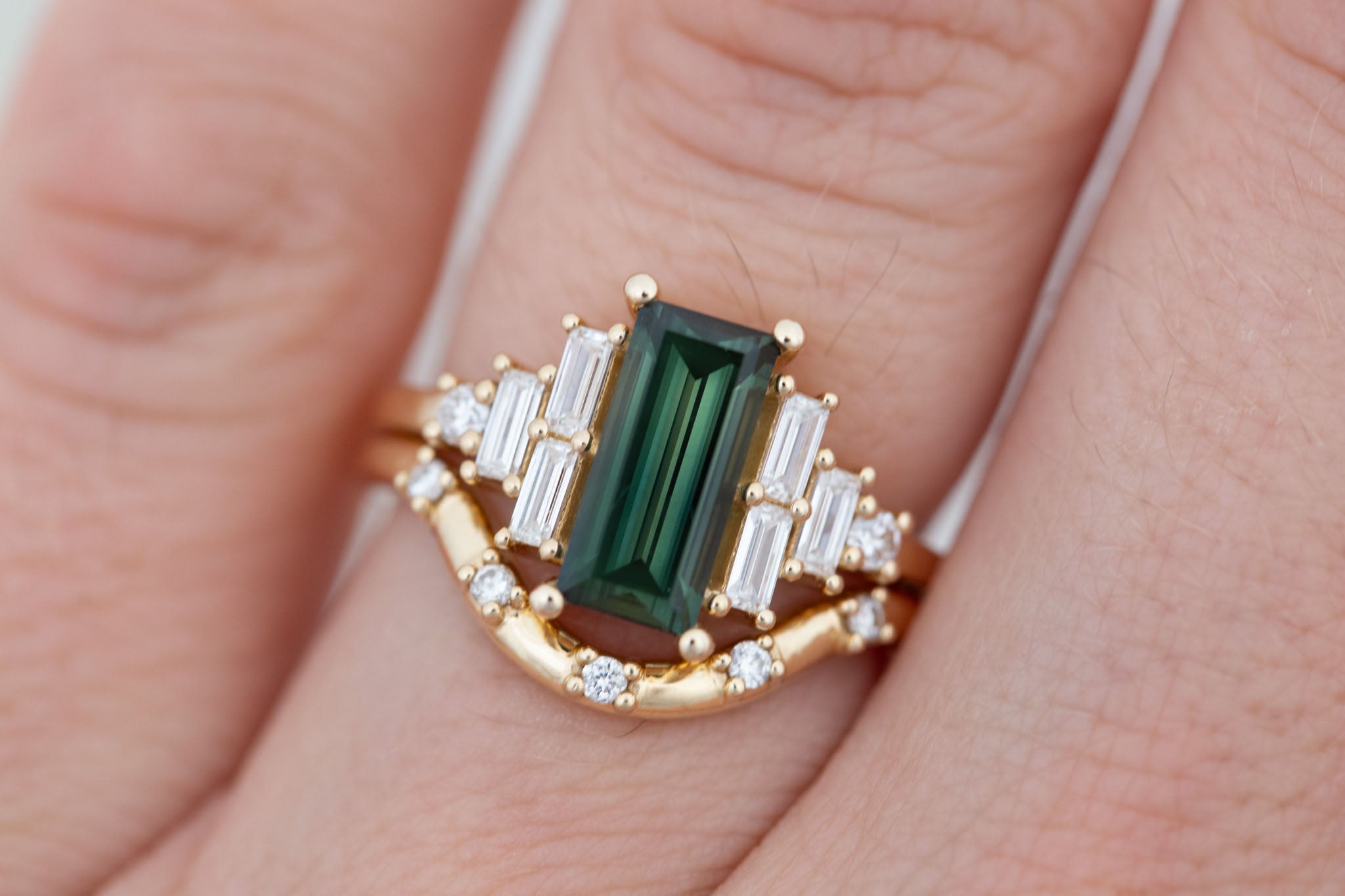 Delta Ring | Green Sapphire + Diamond Cluster Engagement Ring 1.87 ct | 14k Recycled Gold | One of a Kind
