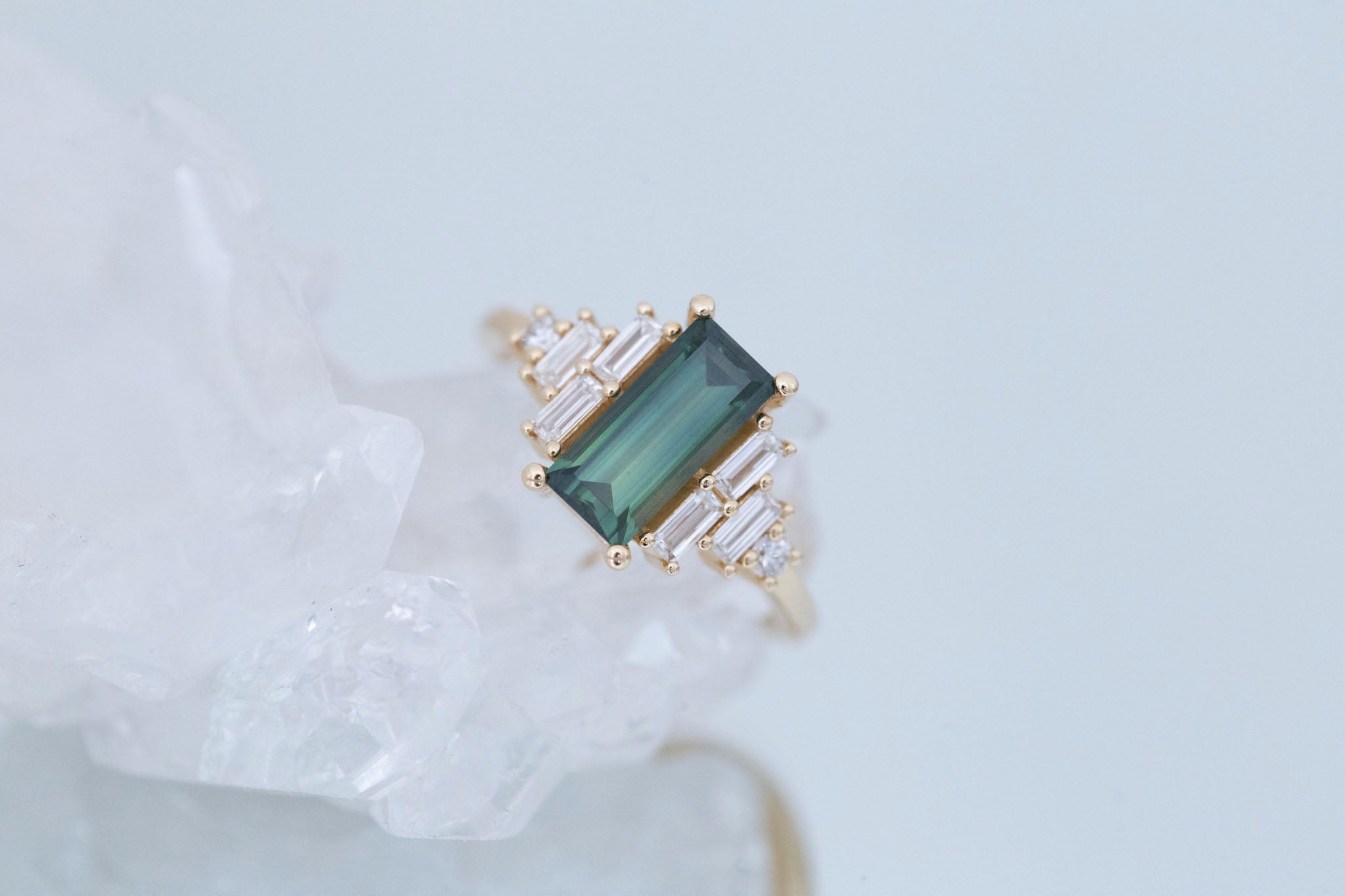 Delta Ring | Green Sapphire + Diamond Cluster Engagement Ring 1.87 ct | 14k Recycled Gold | One of a Kind