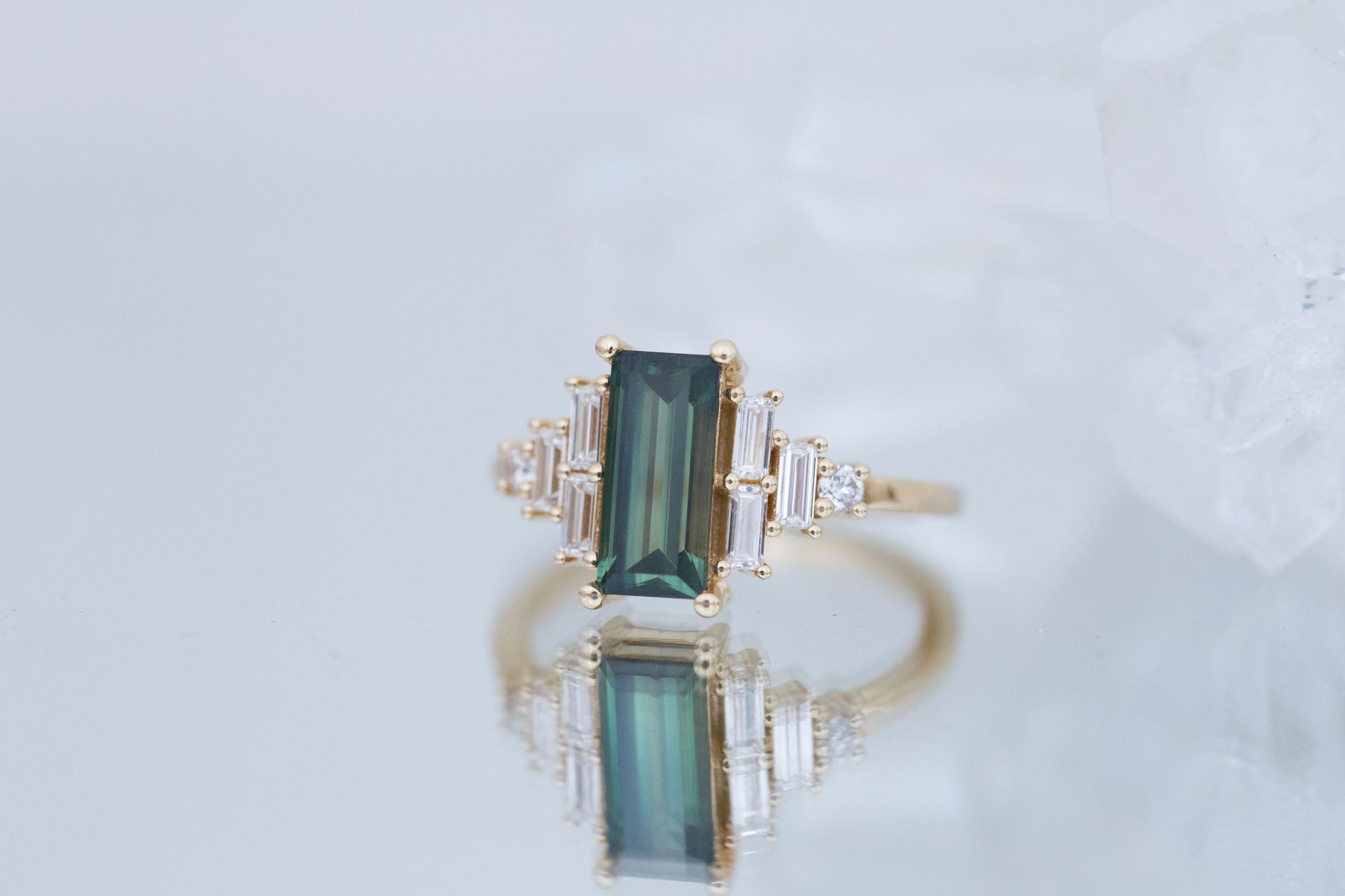 Delta Ring | Green Sapphire + Diamond Cluster Engagement Ring 1.87 ct | 14k Recycled Gold | One of a Kind