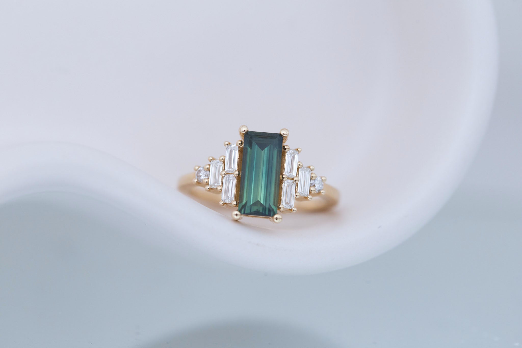 Delta Ring | Green Sapphire + Diamond Cluster Engagement Ring 1.87 ct | 14k Recycled Gold | One of a Kind
