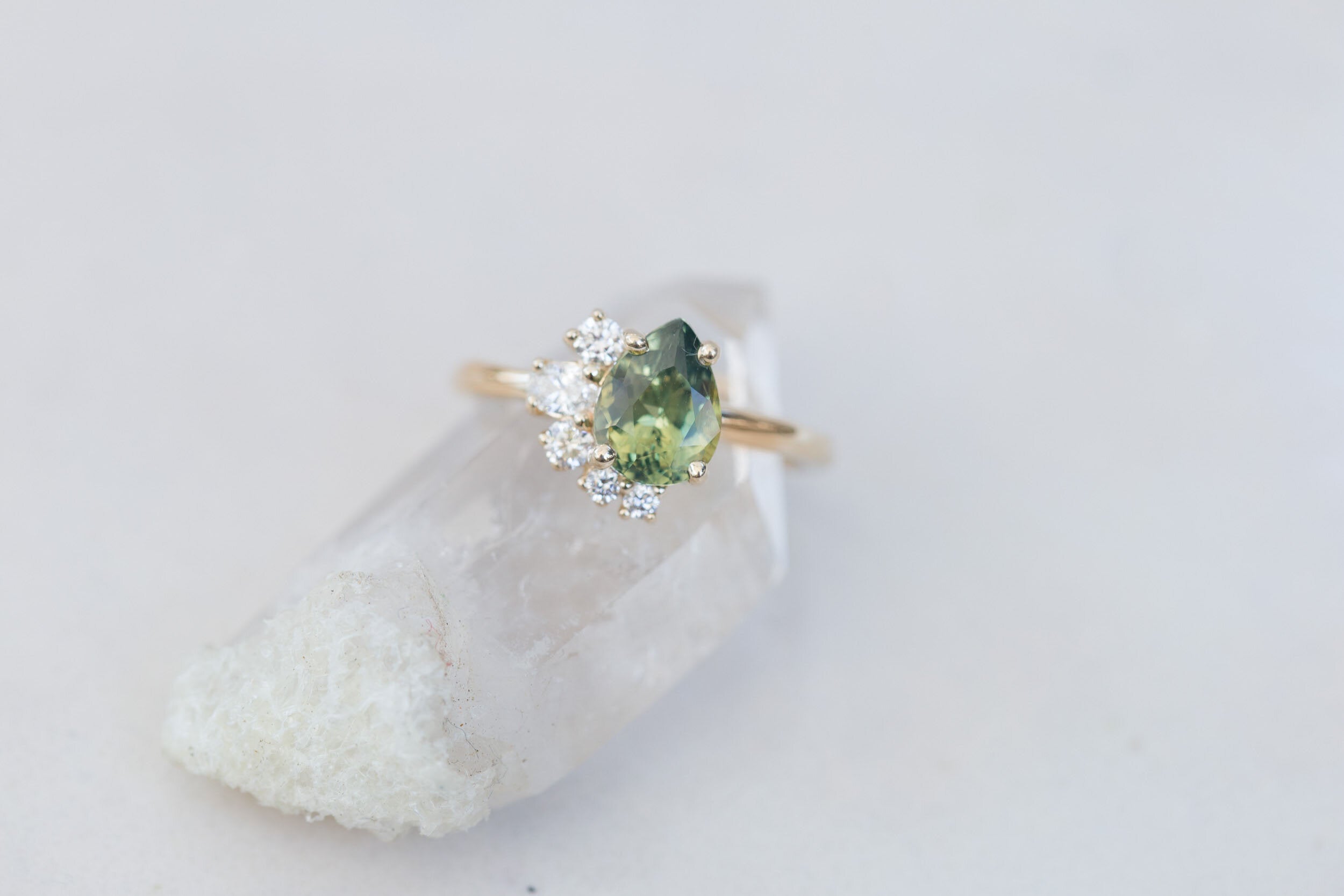 Evaline Ring | Pear Cut Bicolor Green Sapphire + Asymmetrical Diamond Cluster Engagement Ring 1.88 ct | 14k Recycled Gold | One of a Kind