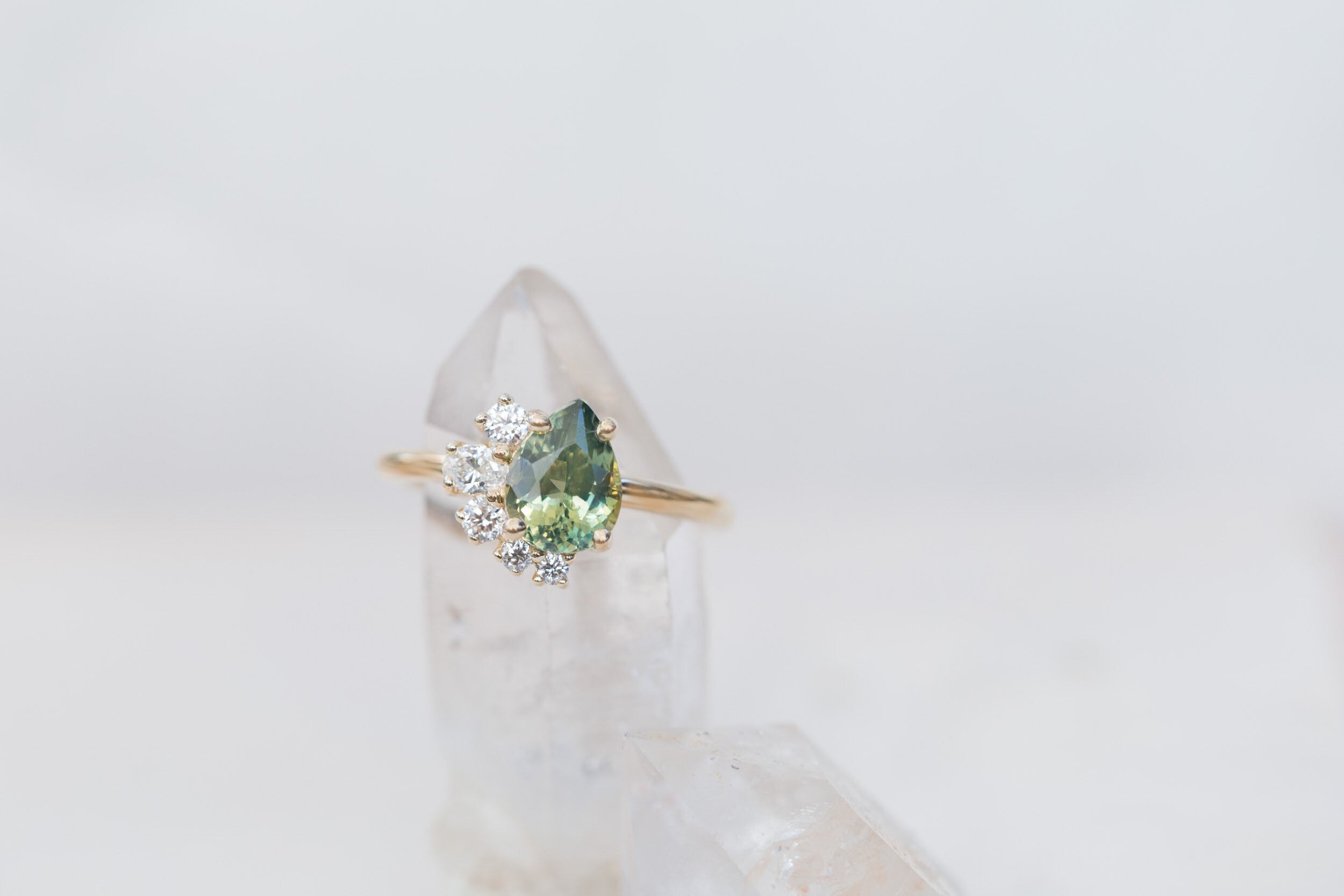Evaline Ring | Pear Cut Bicolor Green Sapphire + Asymmetrical Diamond Cluster Engagement Ring 1.88 ct | 14k Recycled Gold | One of a Kind