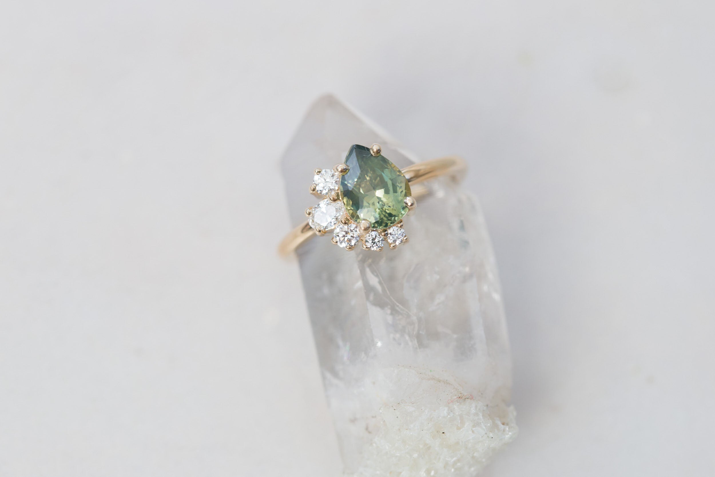 Evaline Ring | Pear Cut Bicolor Green Sapphire + Asymmetrical Diamond Cluster Engagement Ring 1.88 ct | 14k Recycled Gold | One of a Kind