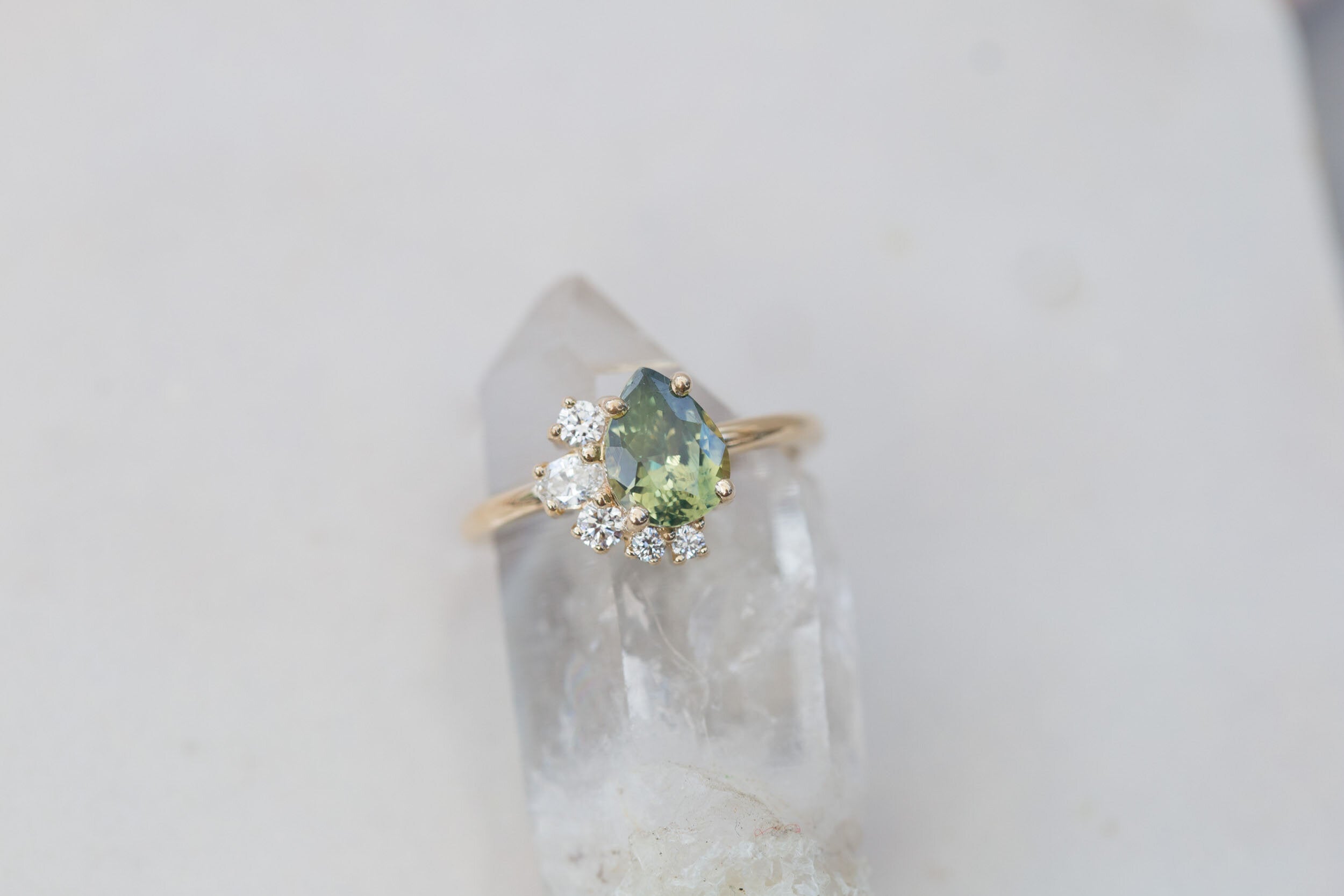 Evaline Ring | Pear Cut Bicolor Green Sapphire + Asymmetrical Diamond Cluster Engagement Ring 1.88 ct | 14k Recycled Gold | One of a Kind