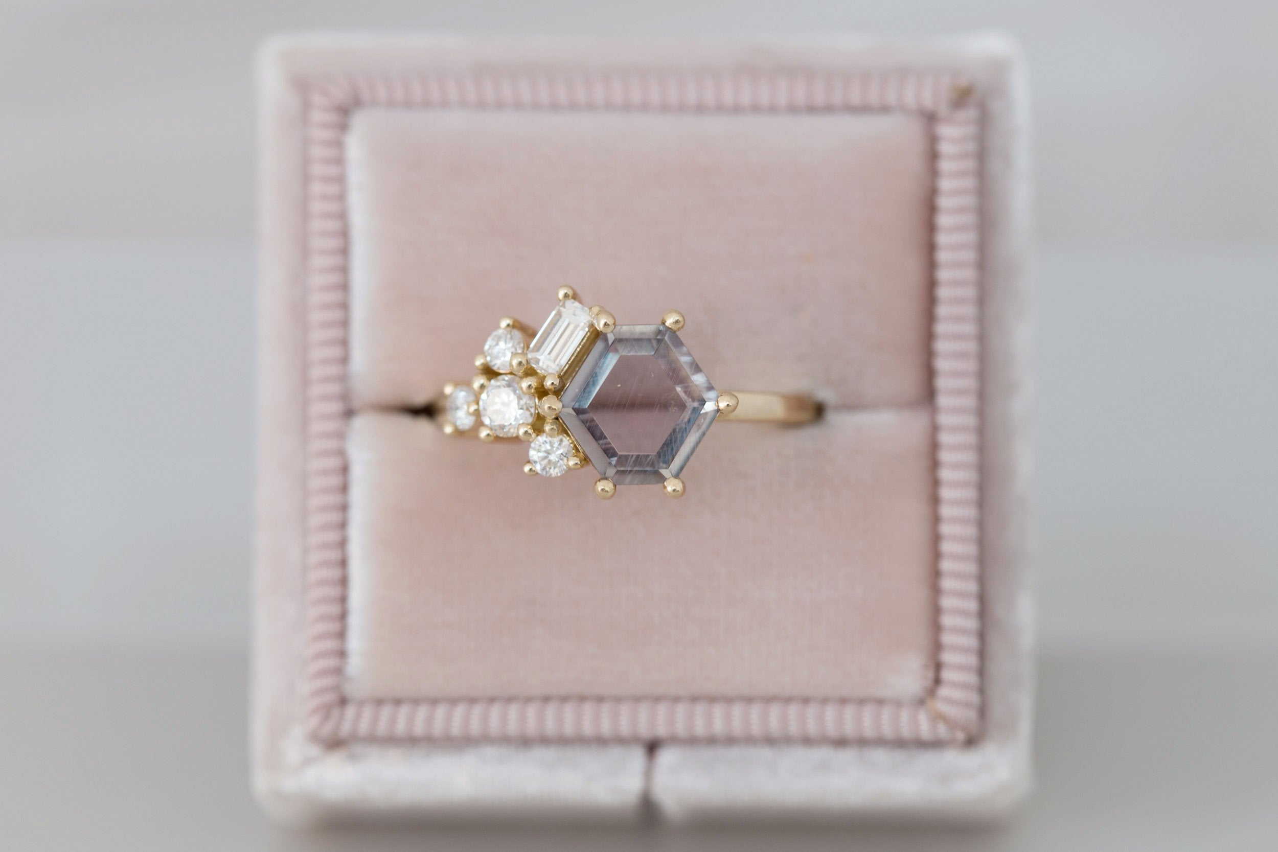 Indra Ring | Mauve Hexagonal Sapphire + Diamond Cluster Engagement Ring 1.88 ct | 14k Recycled Gold | One of a Kind