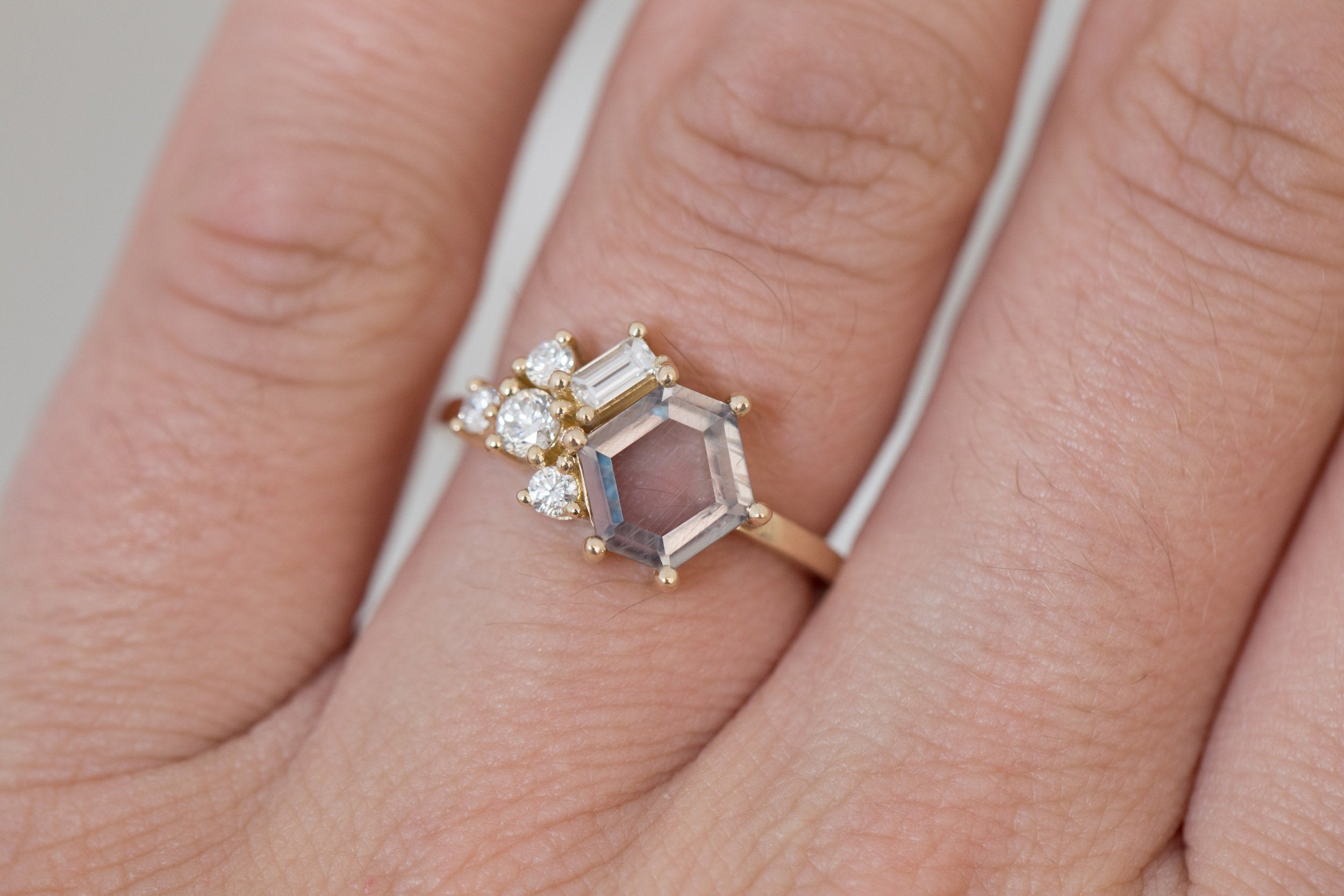 Indra Ring | Mauve Hexagonal Sapphire + Diamond Cluster Engagement Ring 1.88 ct | 14k Recycled Gold | One of a Kind
