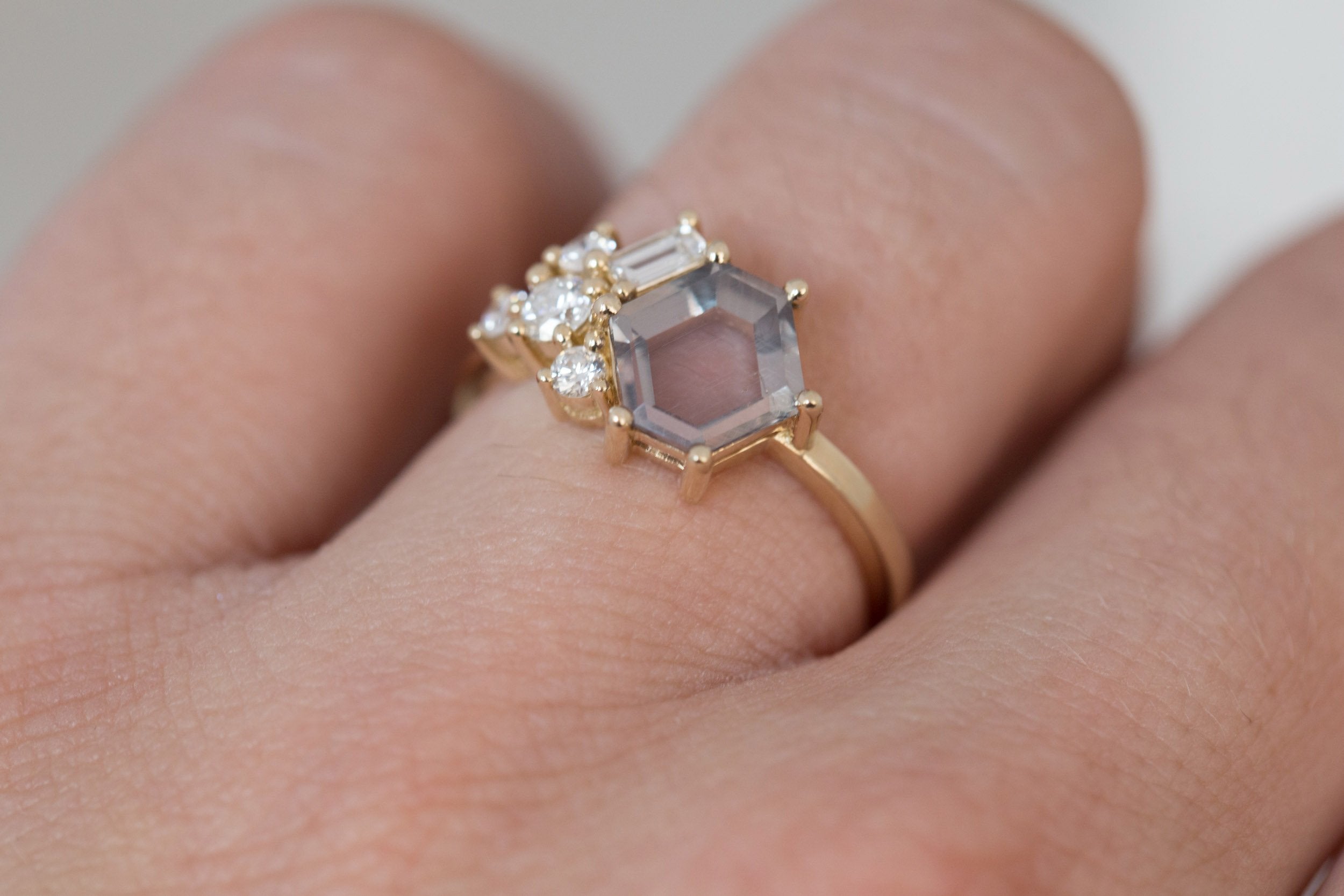 Indra Ring | Mauve Hexagonal Sapphire + Diamond Cluster Engagement Ring 1.88 ct | 14k Recycled Gold | One of a Kind