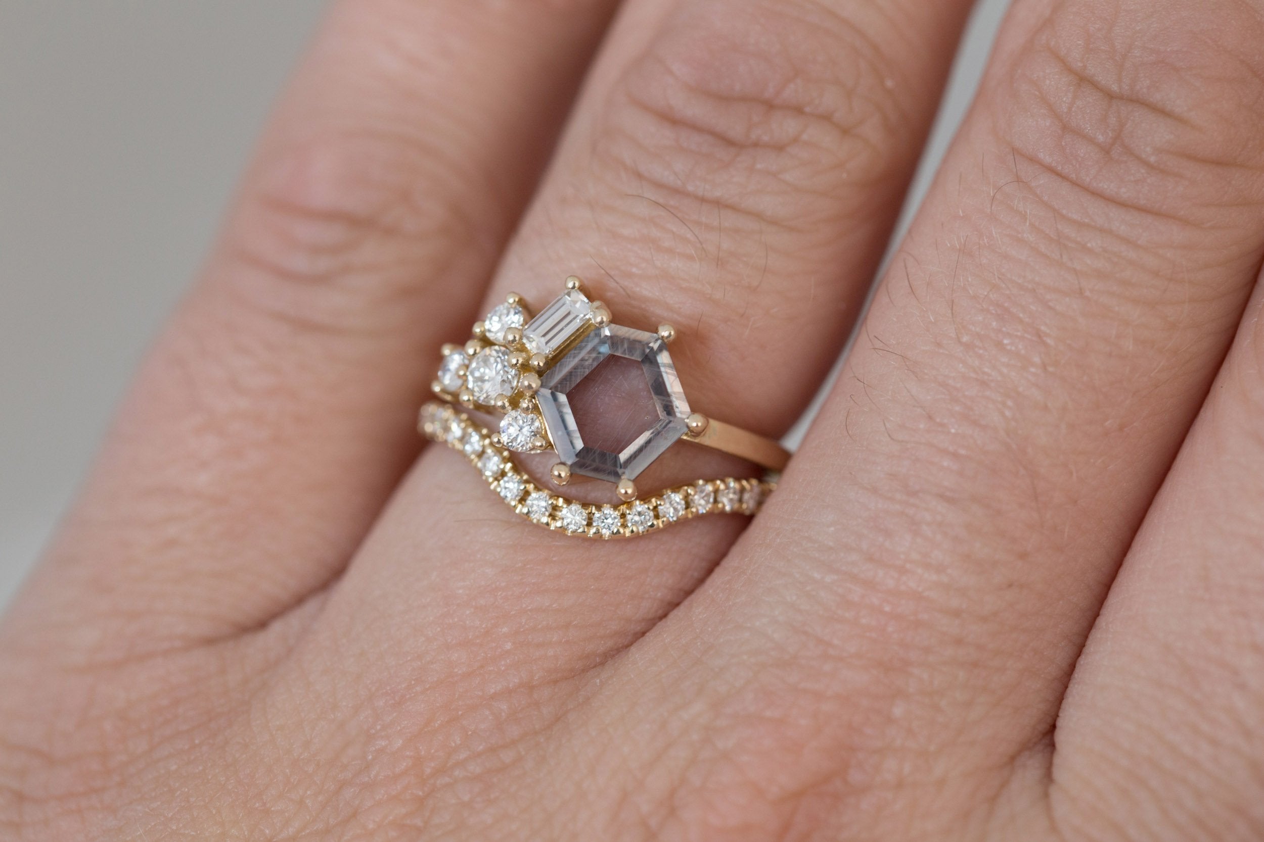 Indra Ring | Mauve Hexagonal Sapphire + Diamond Cluster Engagement Ring 1.88 ct | 14k Recycled Gold | One of a Kind