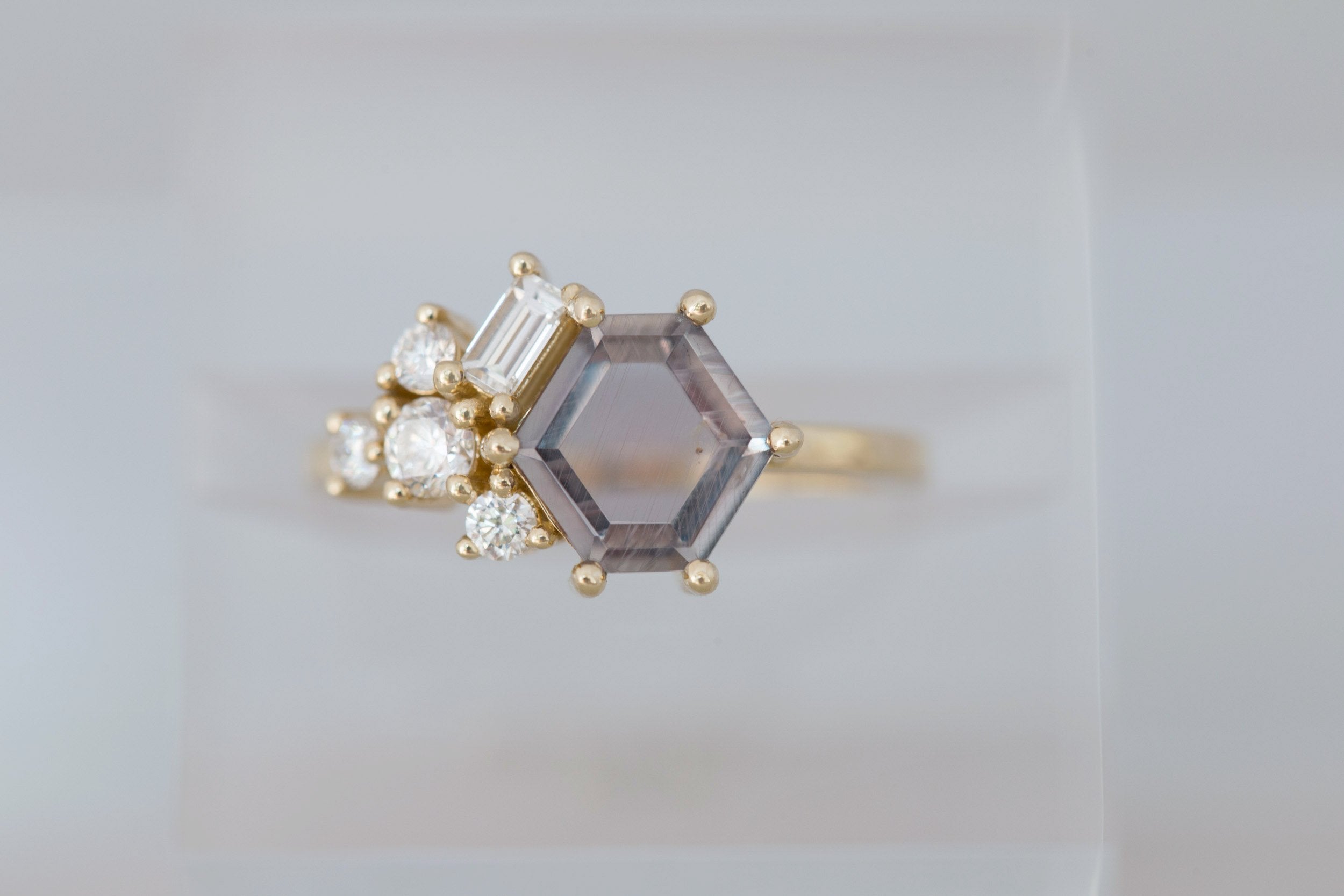 Indra Ring | Mauve Hexagonal Sapphire + Diamond Cluster Engagement Ring 1.88 ct | 14k Recycled Gold | One of a Kind