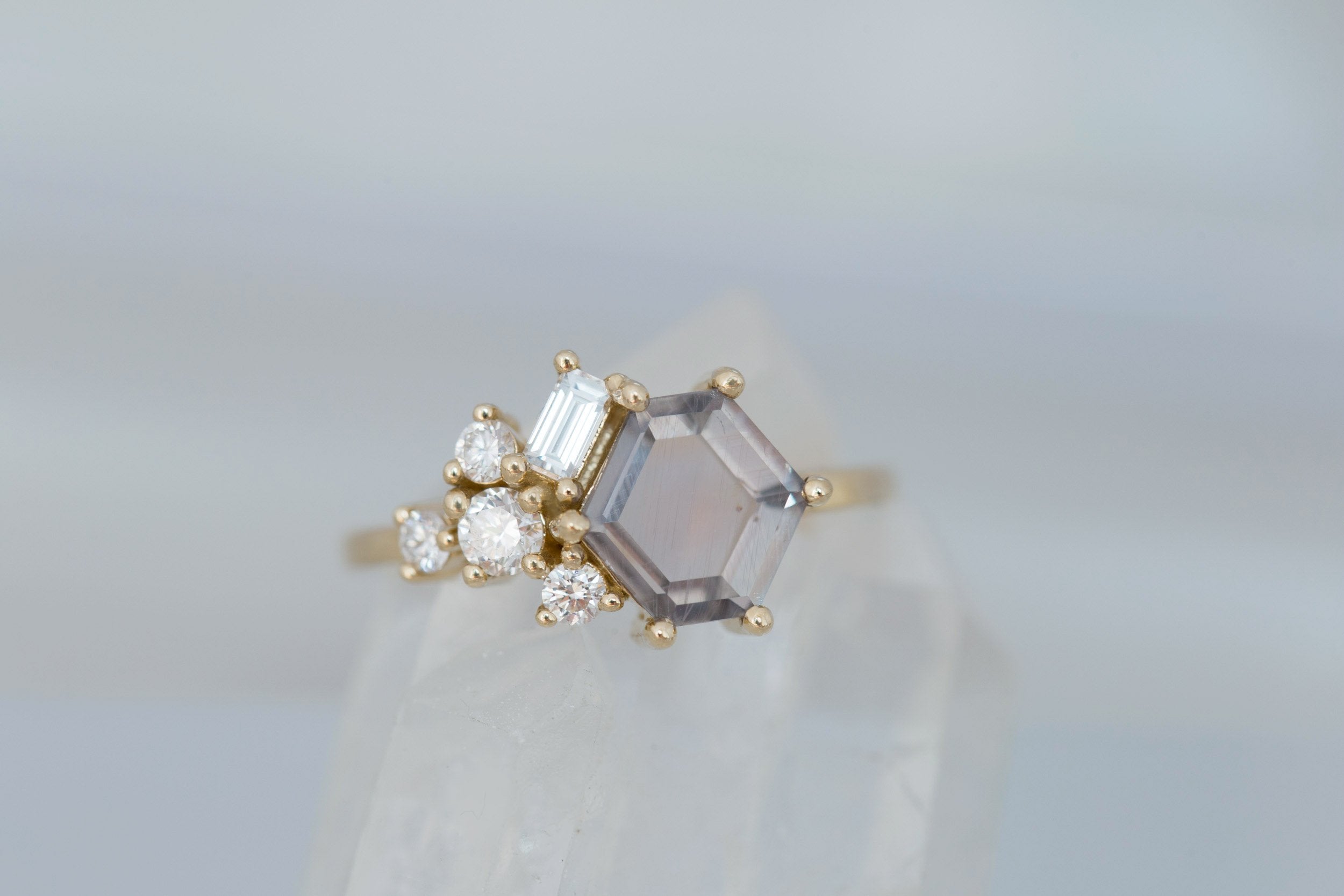 Indra Ring | Mauve Hexagonal Sapphire + Diamond Cluster Engagement Ring 1.88 ct | 14k Recycled Gold | One of a Kind