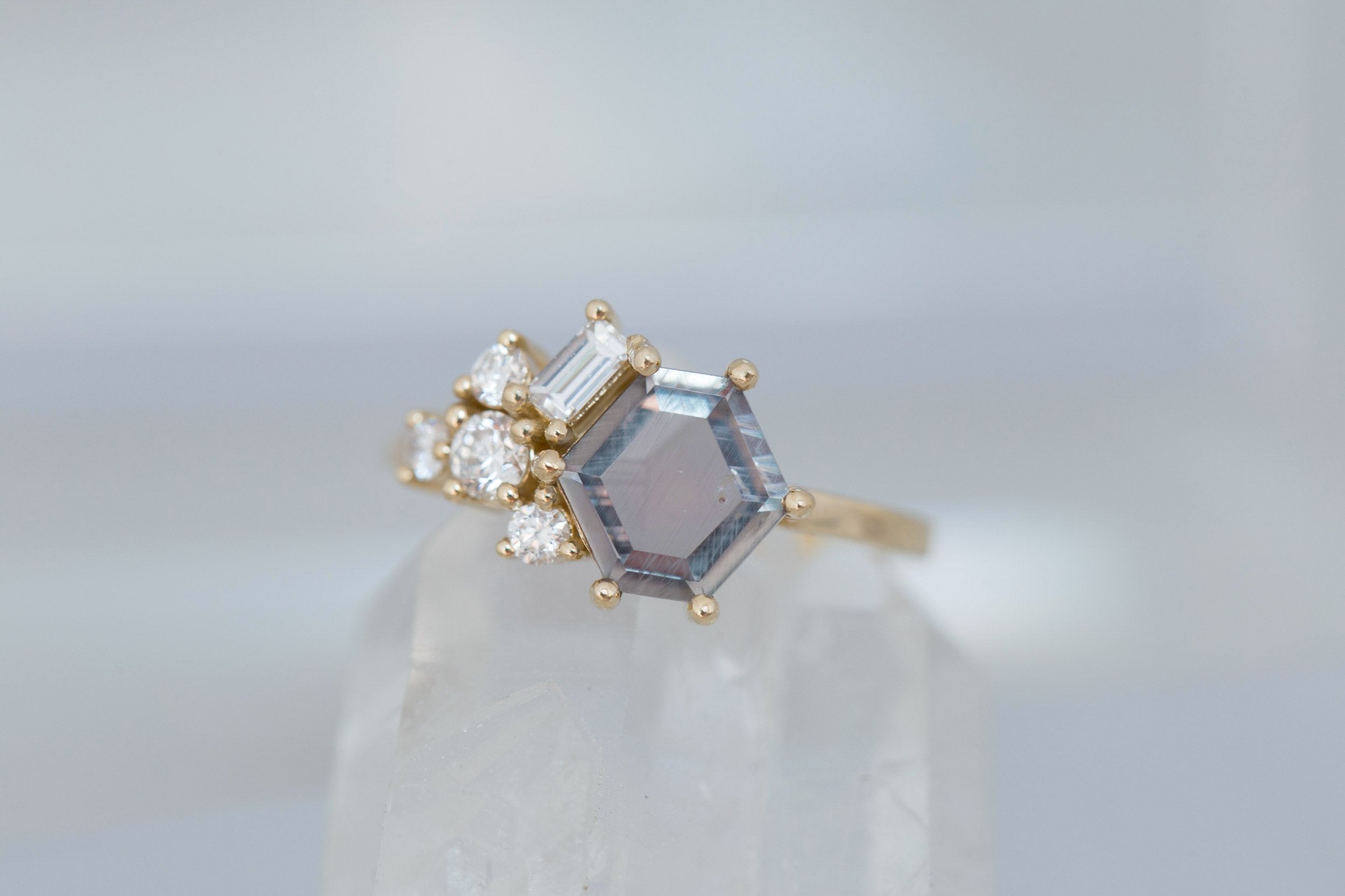 Indra Ring | Mauve Hexagonal Sapphire + Diamond Cluster Engagement Ring 1.88 ct | 14k Recycled Gold | One of a Kind