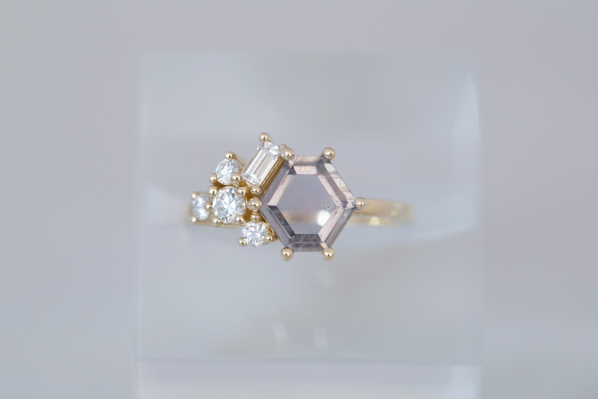 Indra Ring | Mauve Hexagonal Sapphire + Diamond Cluster Engagement Ring 1.88 ct | 14k Recycled Gold | One of a Kind