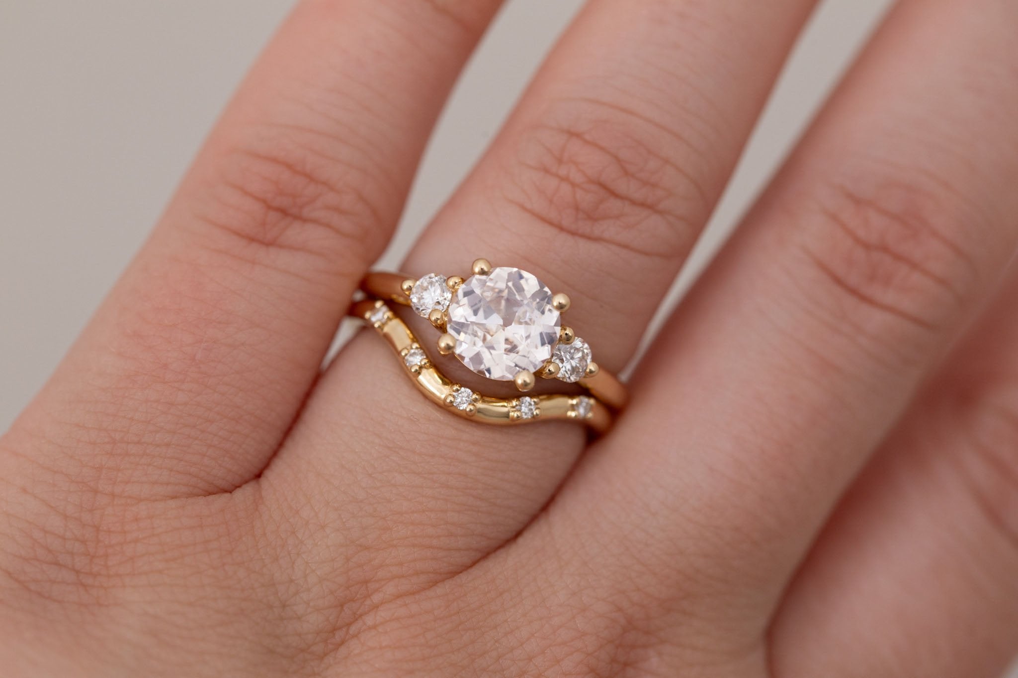 Maeve Ring | Icy Blush Sapphire + Round Diamond Accent Engagement Ring 1.88 ct | 14k Recycled Gold | One of a Kind