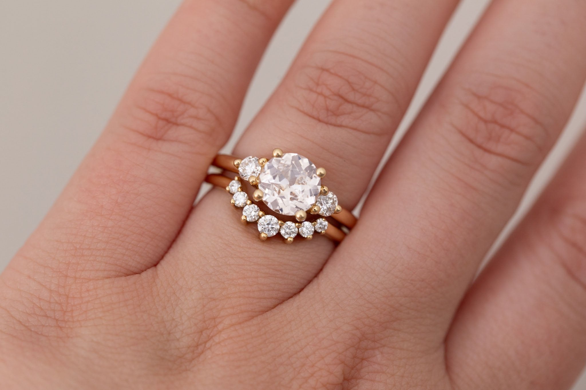 Maeve Ring | Icy Blush Sapphire + Round Diamond Accent Engagement Ring 1.88 ct | 14k Recycled Gold | One of a Kind