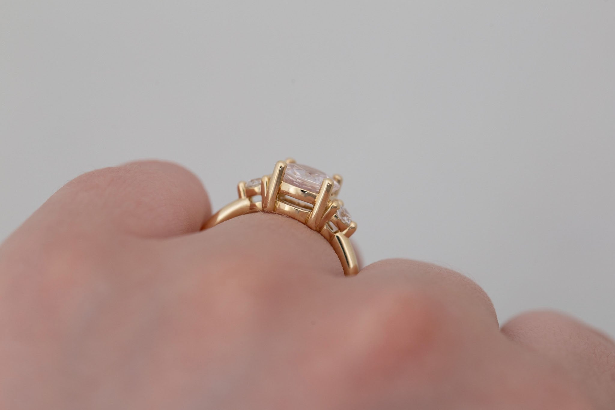 Maeve Ring | Icy Blush Sapphire + Round Diamond Accent Engagement Ring 1.88 ct | 14k Recycled Gold | One of a Kind