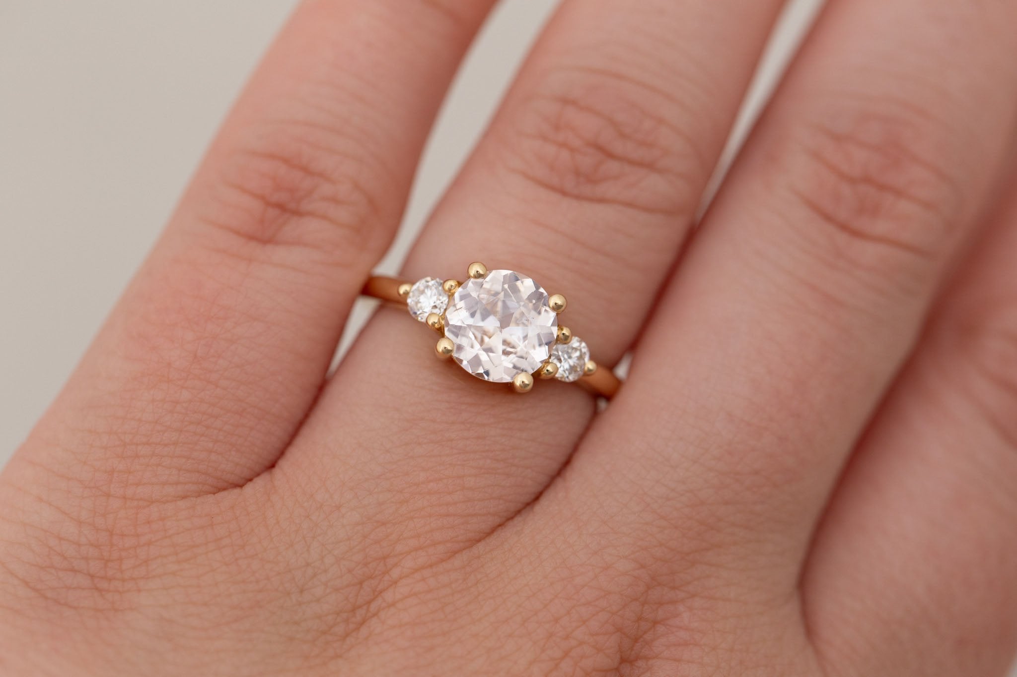 Maeve Ring | Icy Blush Sapphire + Round Diamond Accent Engagement Ring 1.88 ct | 14k Recycled Gold | One of a Kind