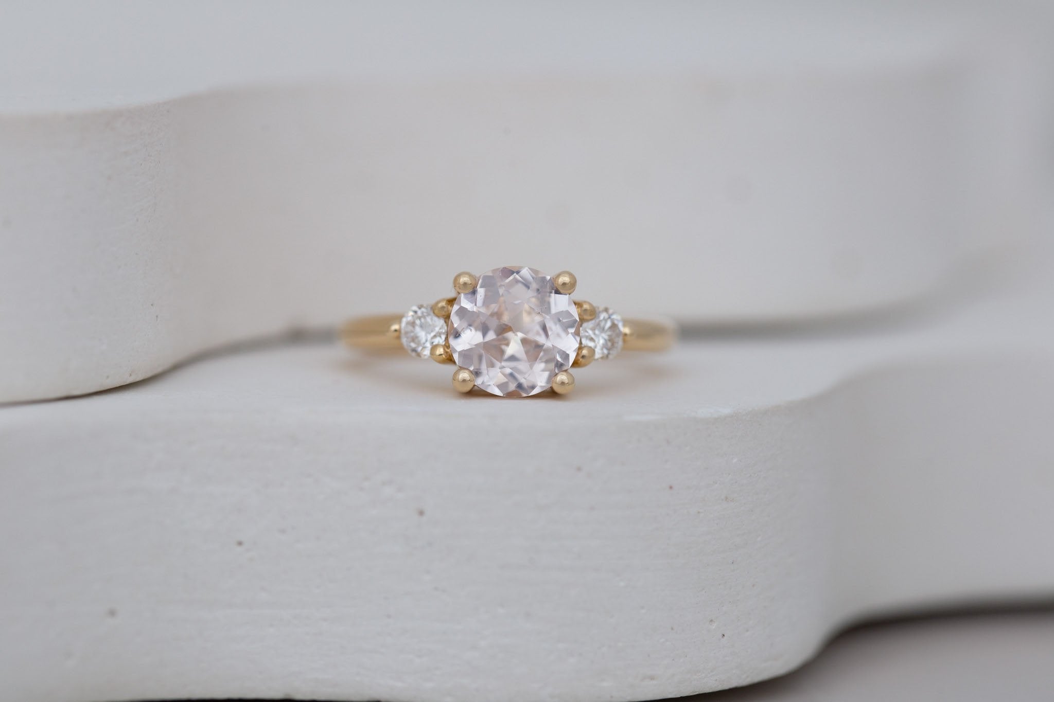 Maeve Ring | Icy Blush Sapphire + Round Diamond Accent Engagement Ring 1.88 ct | 14k Recycled Gold | One of a Kind