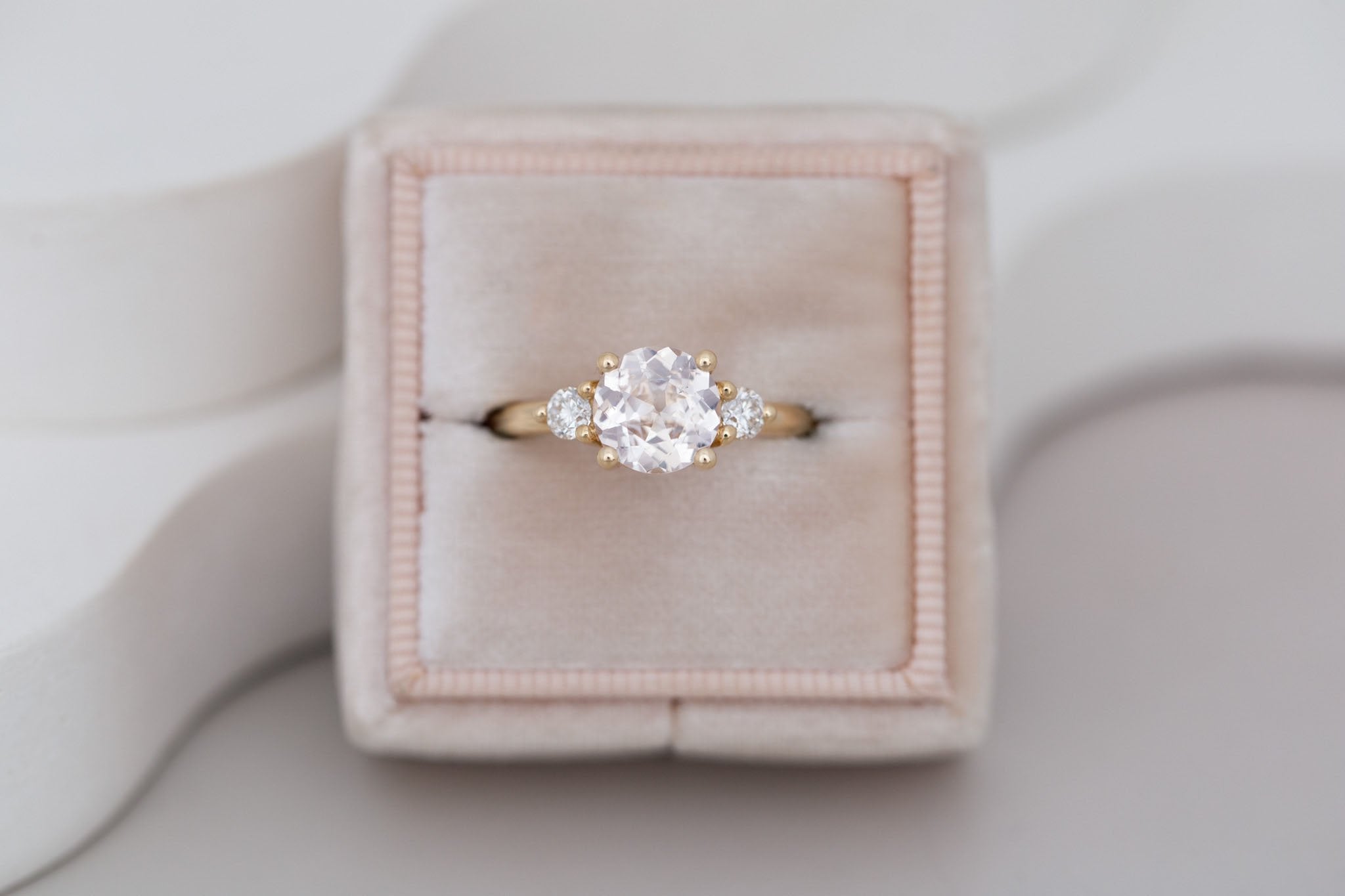 Maeve Ring | Icy Blush Sapphire + Round Diamond Accent Engagement Ring 1.88 ct | 14k Recycled Gold | One of a Kind