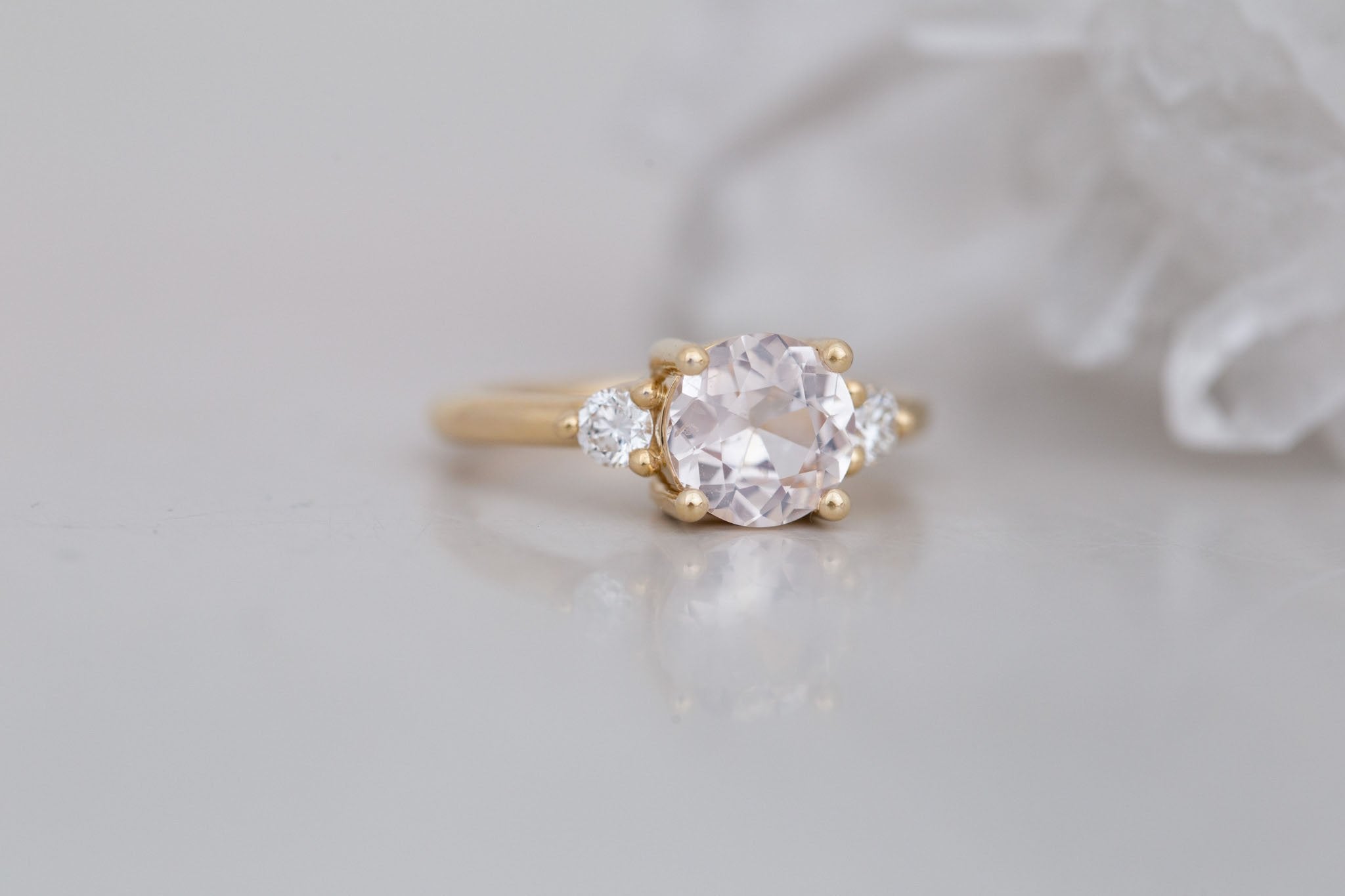 Maeve Ring | Icy Blush Sapphire + Round Diamond Accent Engagement Ring 1.88 ct | 14k Recycled Gold | One of a Kind