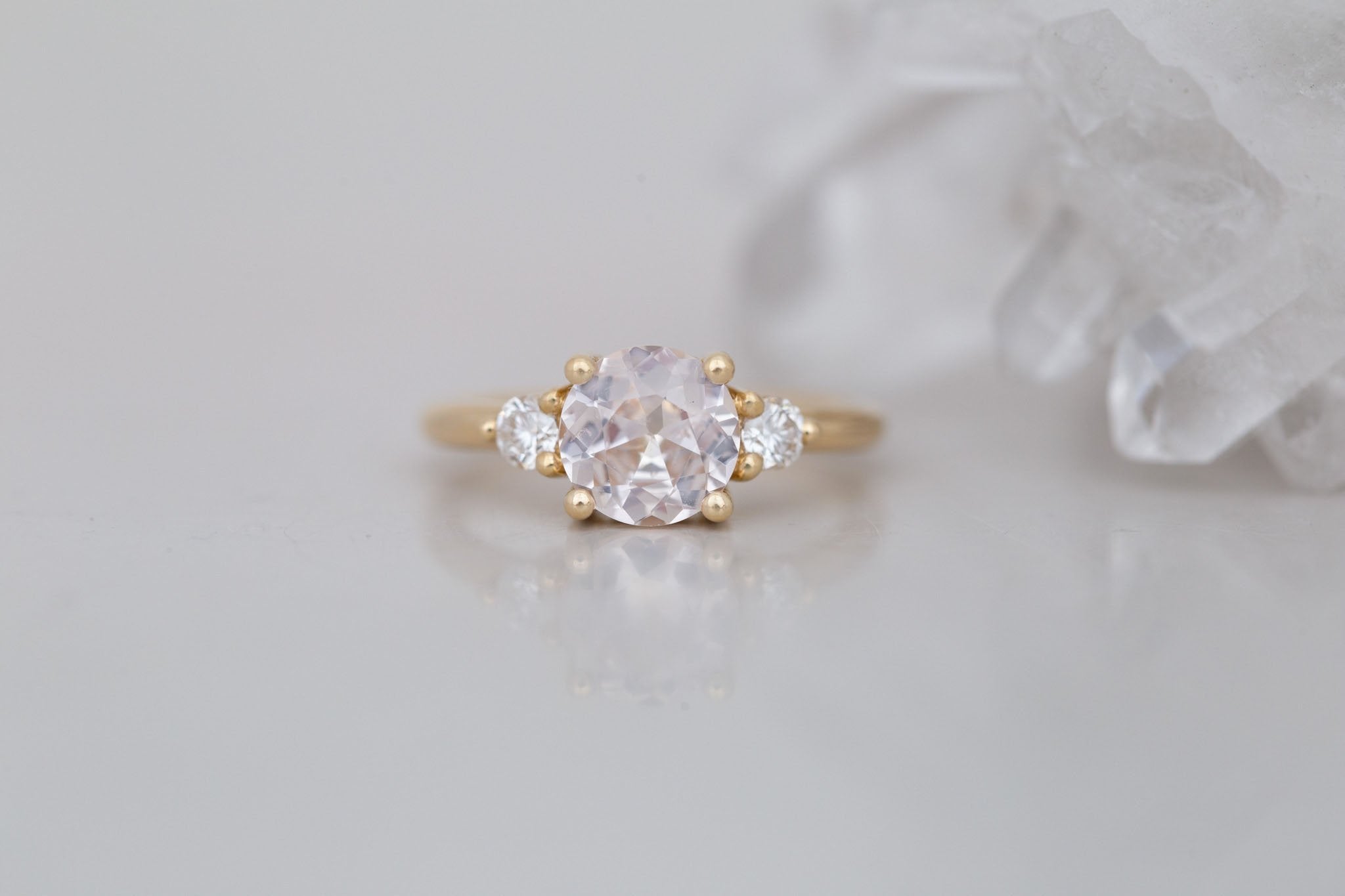 Maeve Ring | Icy Blush Sapphire + Round Diamond Accent Engagement Ring 1.88 ct | 14k Recycled Gold | One of a Kind